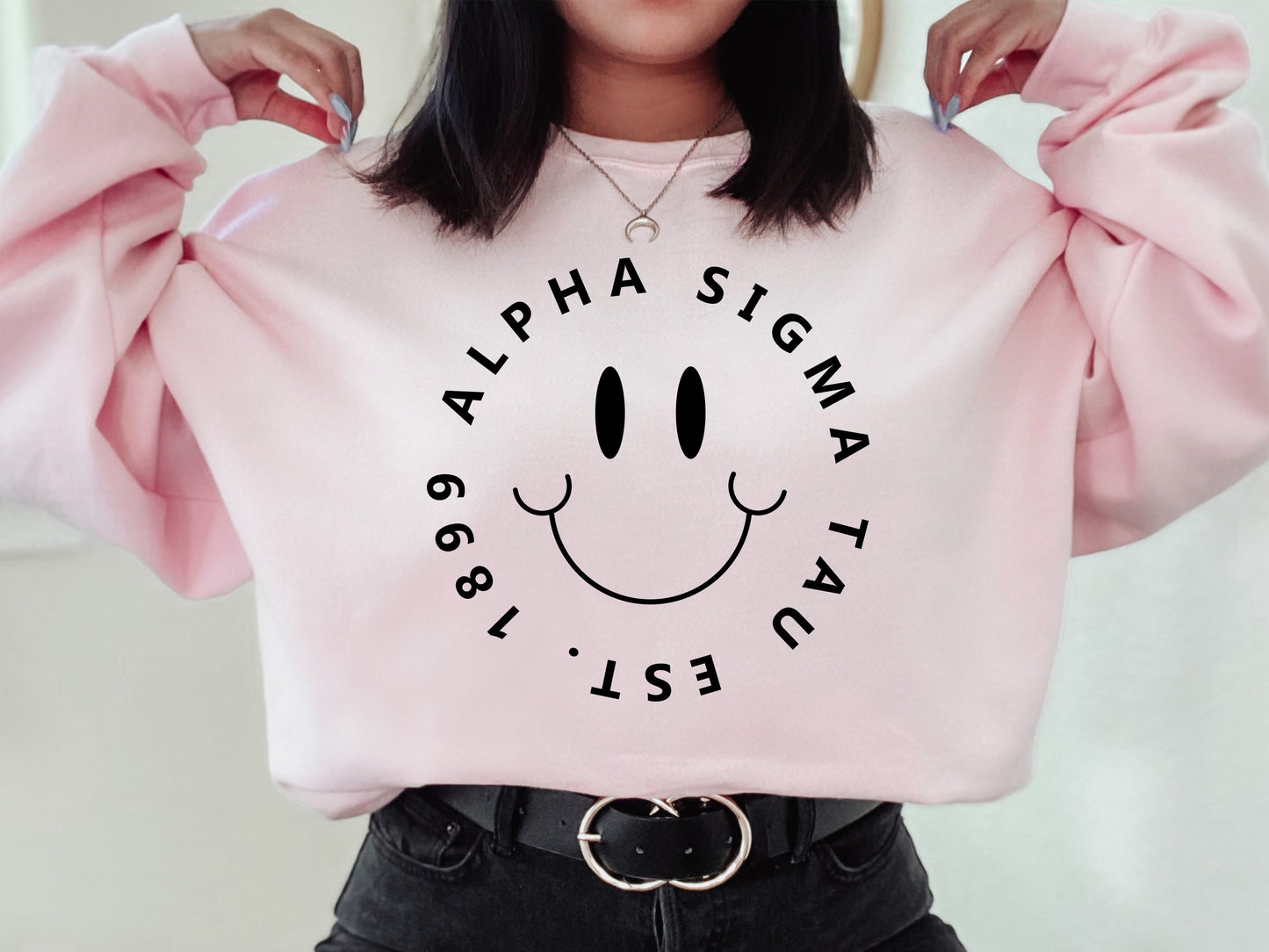 Alpha Sigma Tau Smiley Face Halo Sorority Sweatshirt _ 2506g