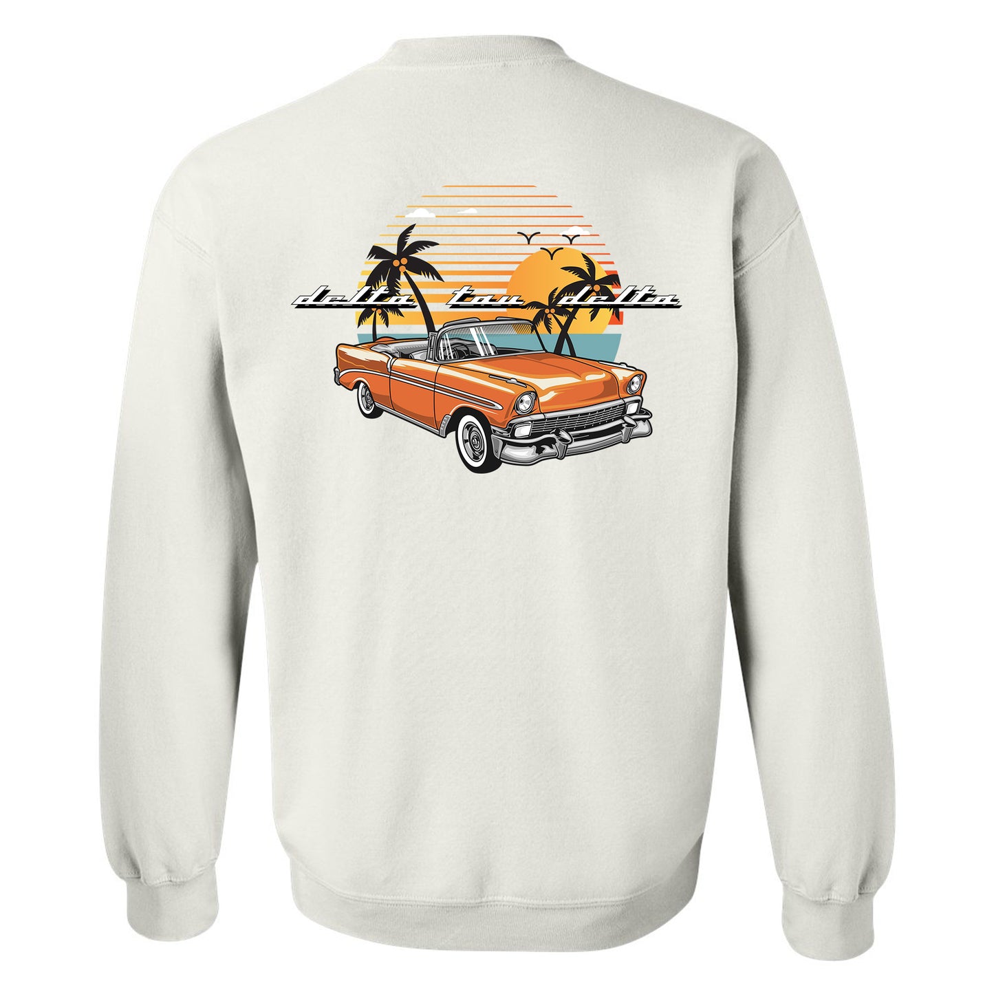 a white sweatshirt with an orange car and palm trees