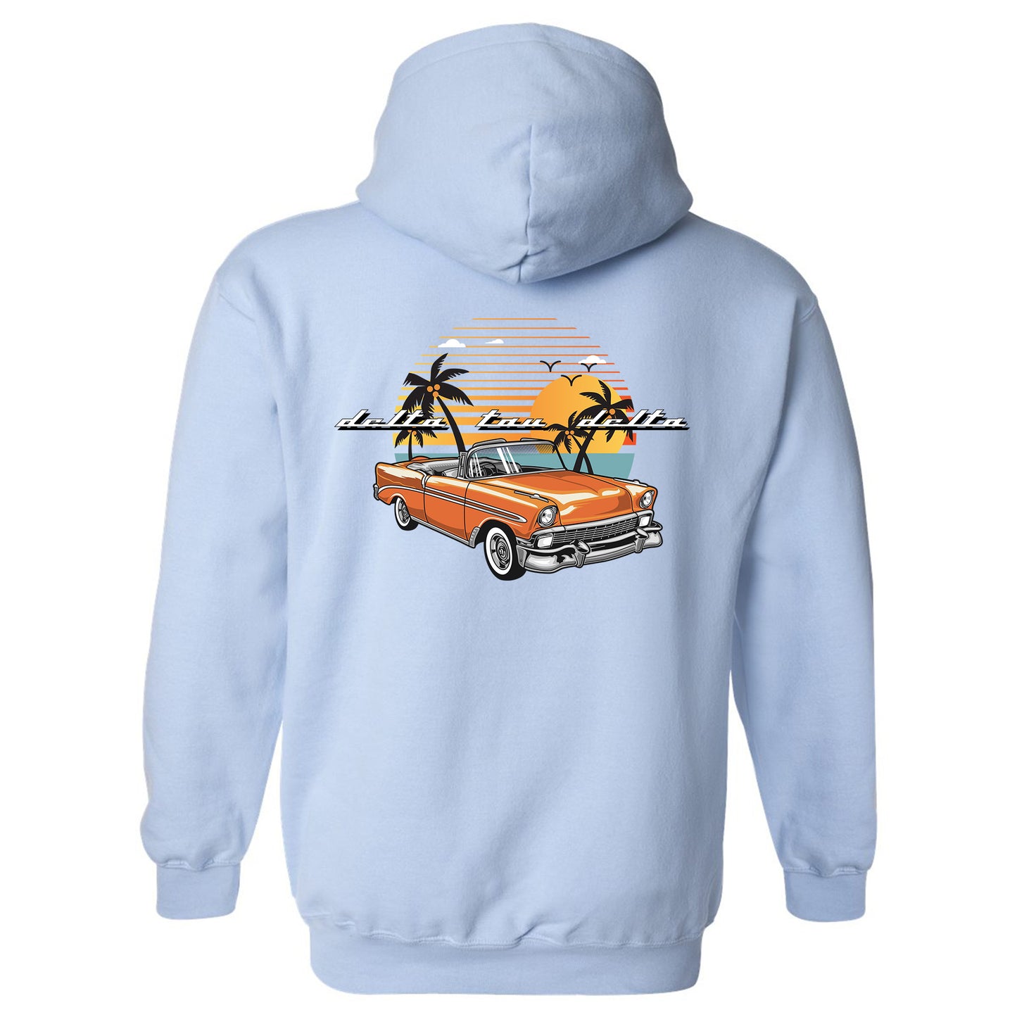 a blue hoodie with an orange car and palm trees