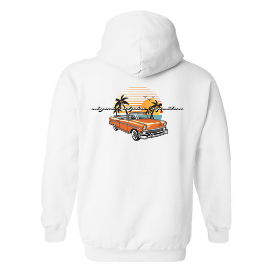 a white hoodie with an orange car and palm trees