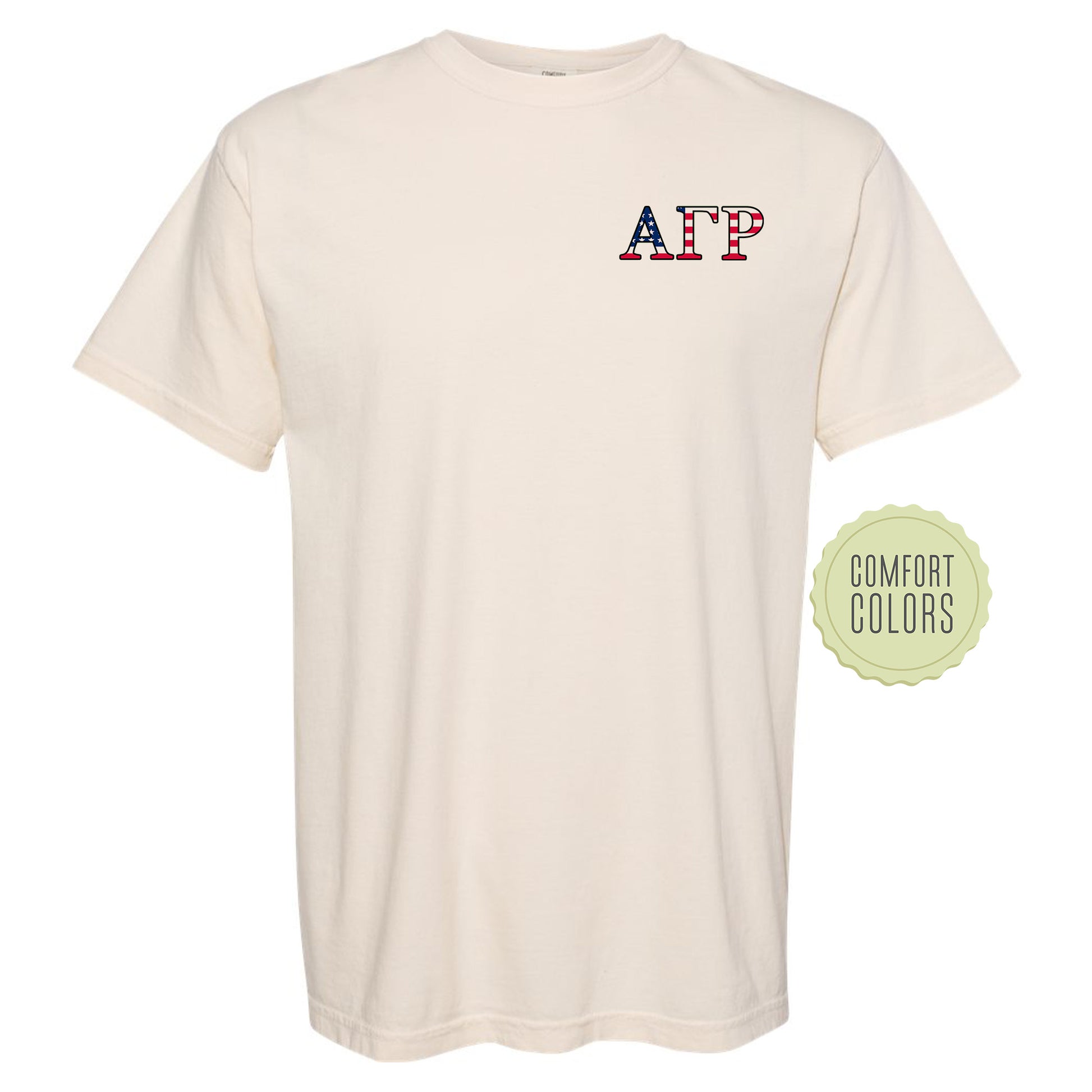 a white t - shirt with a red, white, and blue logo