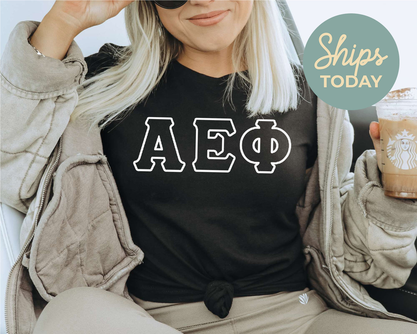Alpha Epsilon Phi White Letter Outline Sorority T-shirt _ 30793g