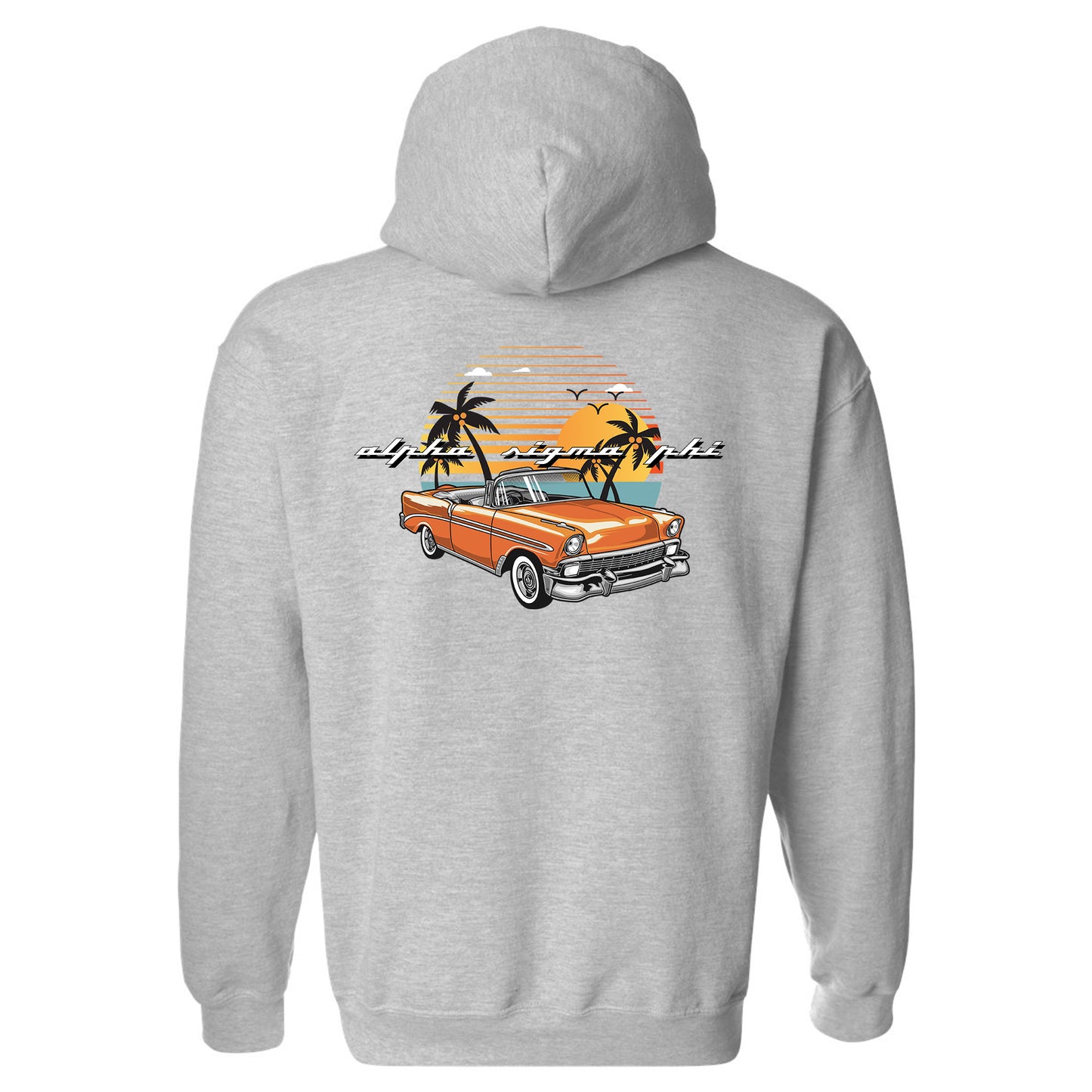 a grey hoodie with an orange car and palm trees