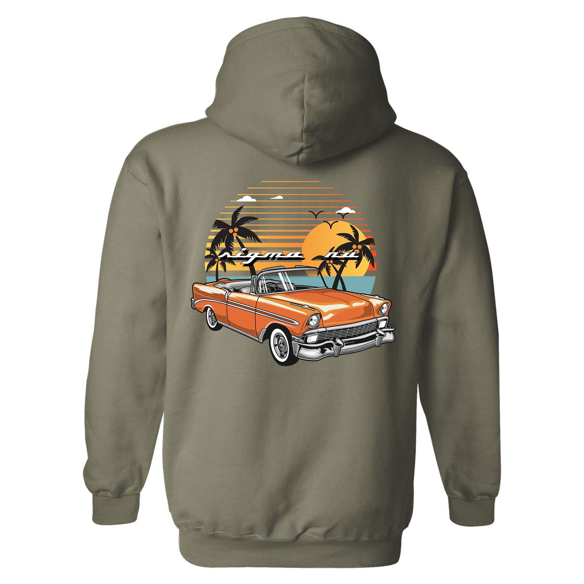 a hoodie with an orange car and palm trees
