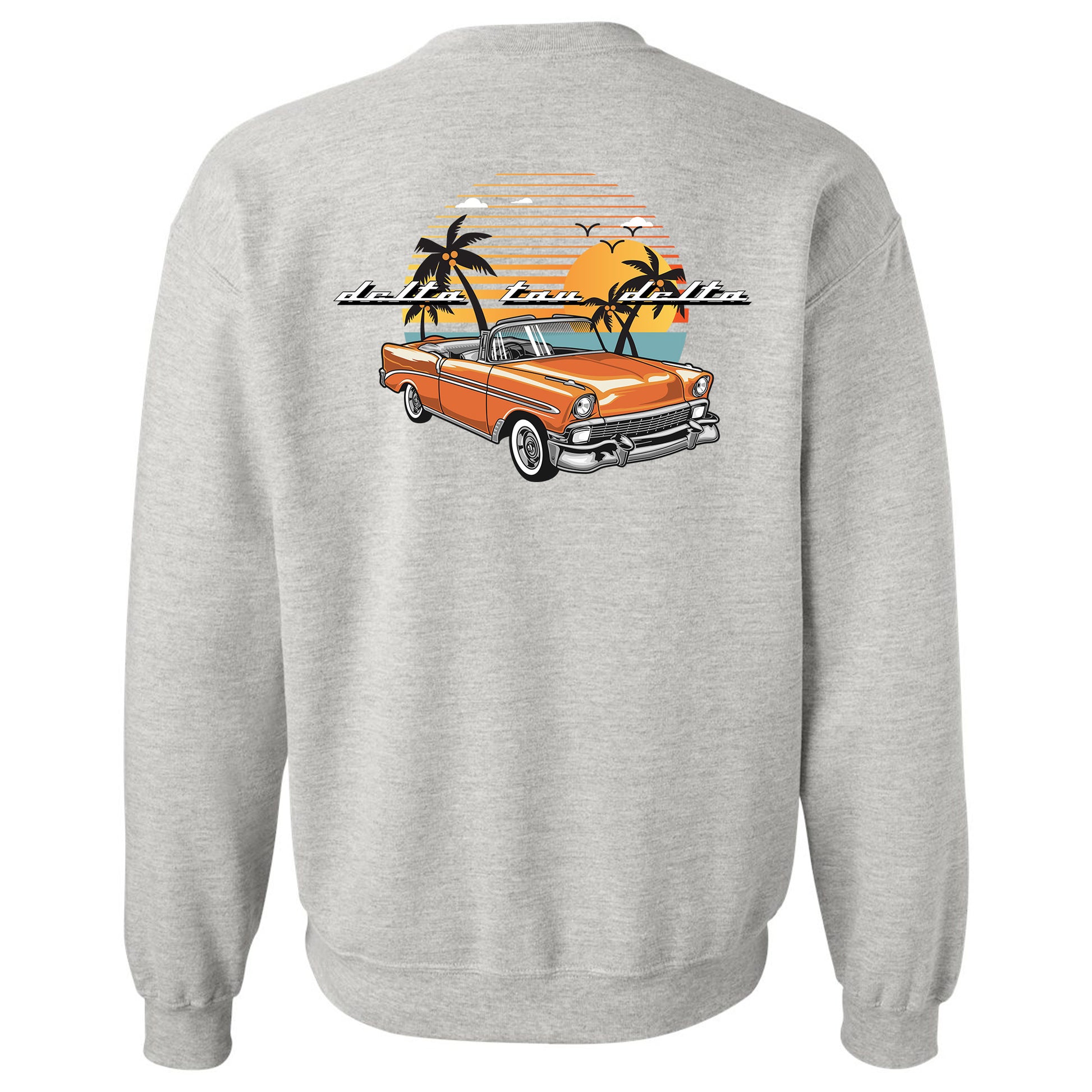 a grey sweatshirt with an orange car and palm trees