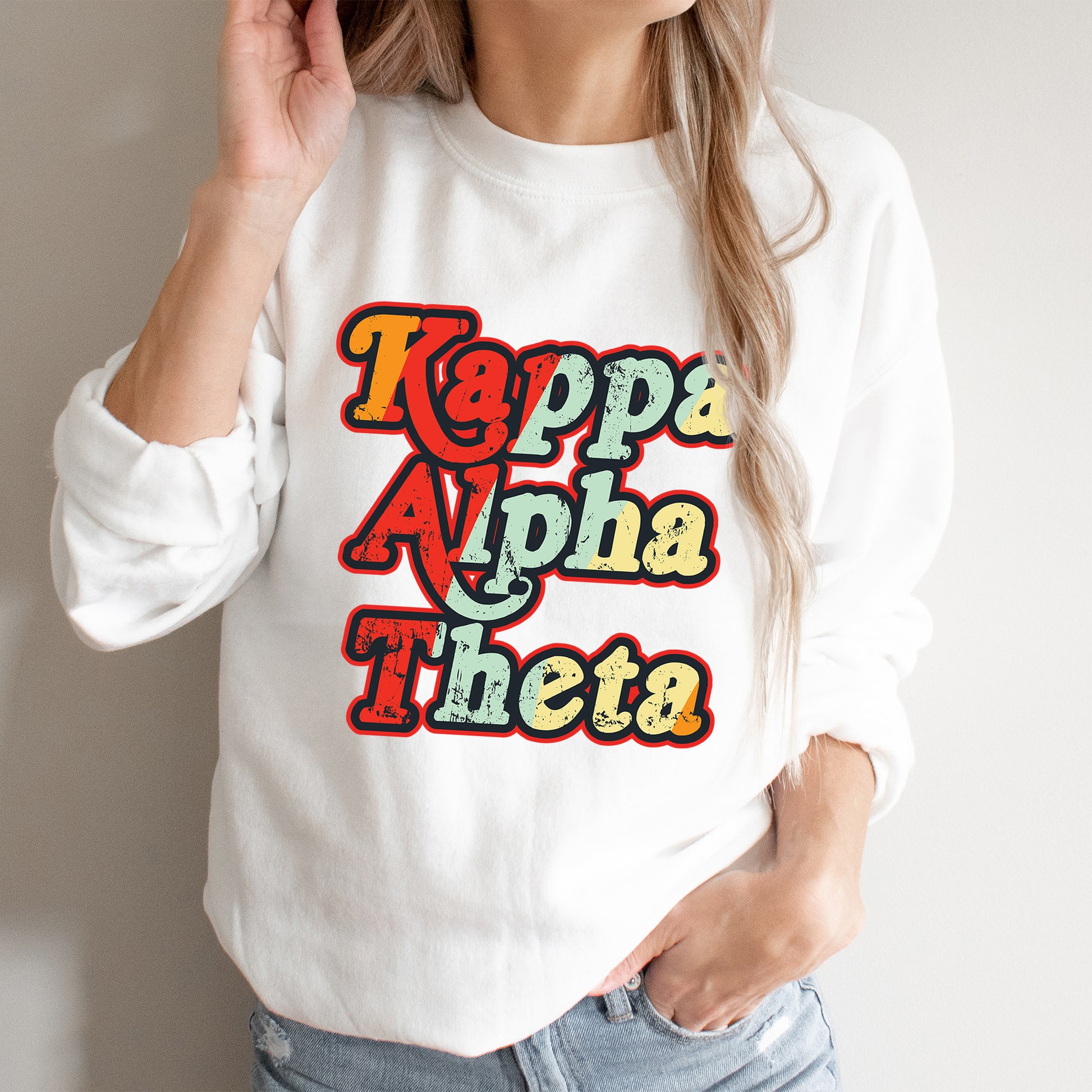 a woman wearing a white sweatshirt with the words kapaa aha thea