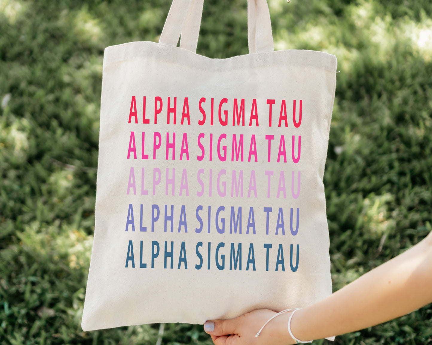 Alpha Sigma Tau Bright and Stacked Sorority Tote Bag _ 34392g