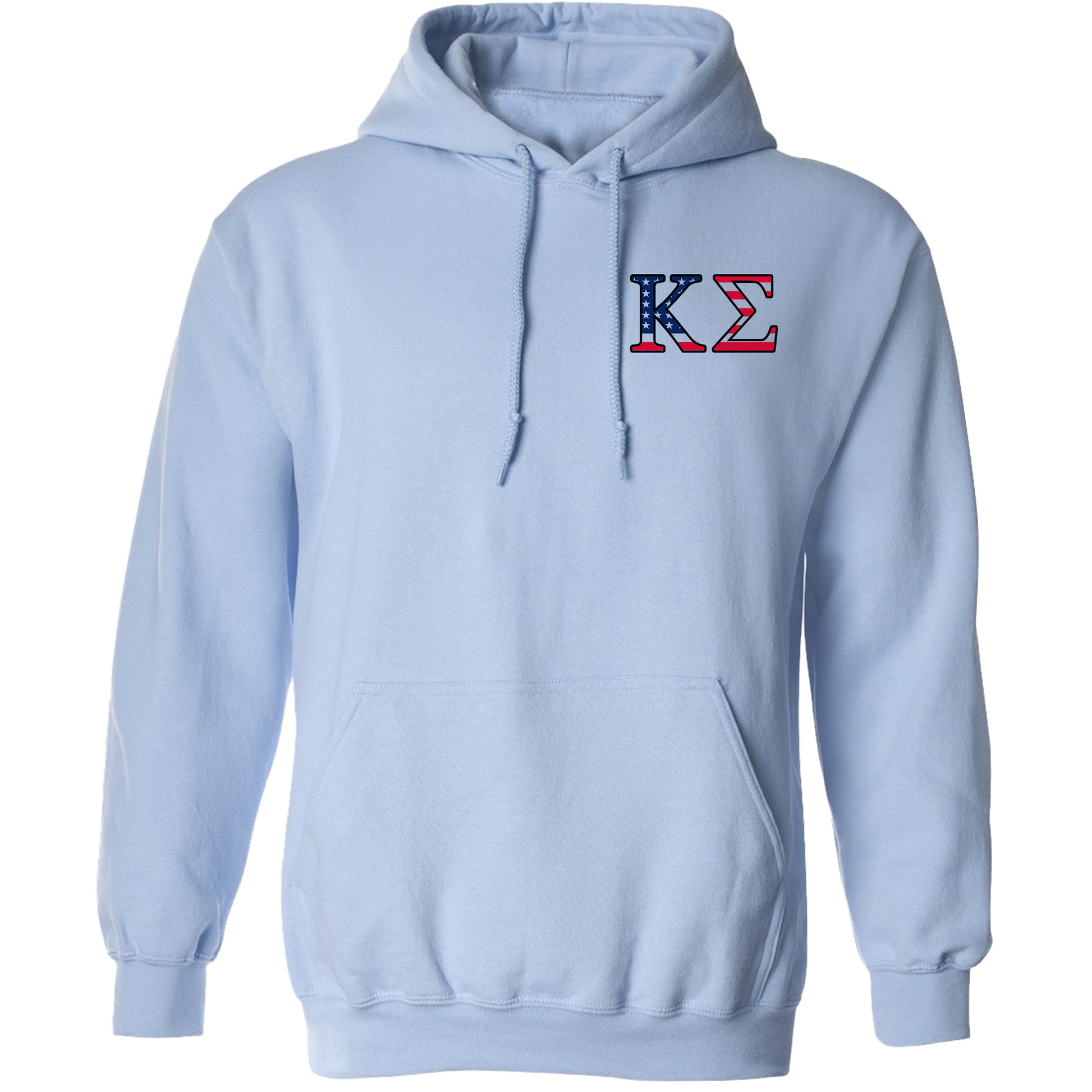 a light blue hoodie with the letter k on it