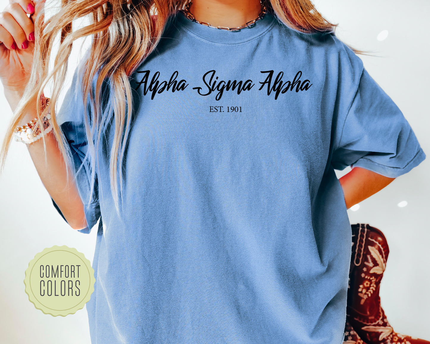 Alpha Sigma Alpha Black Flowy Comfort Colors Sorority T-shirt _  83g