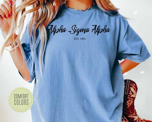 Alpha Sigma Alpha Black Flowy Comfort Colors Sorority T-shirt _  83g