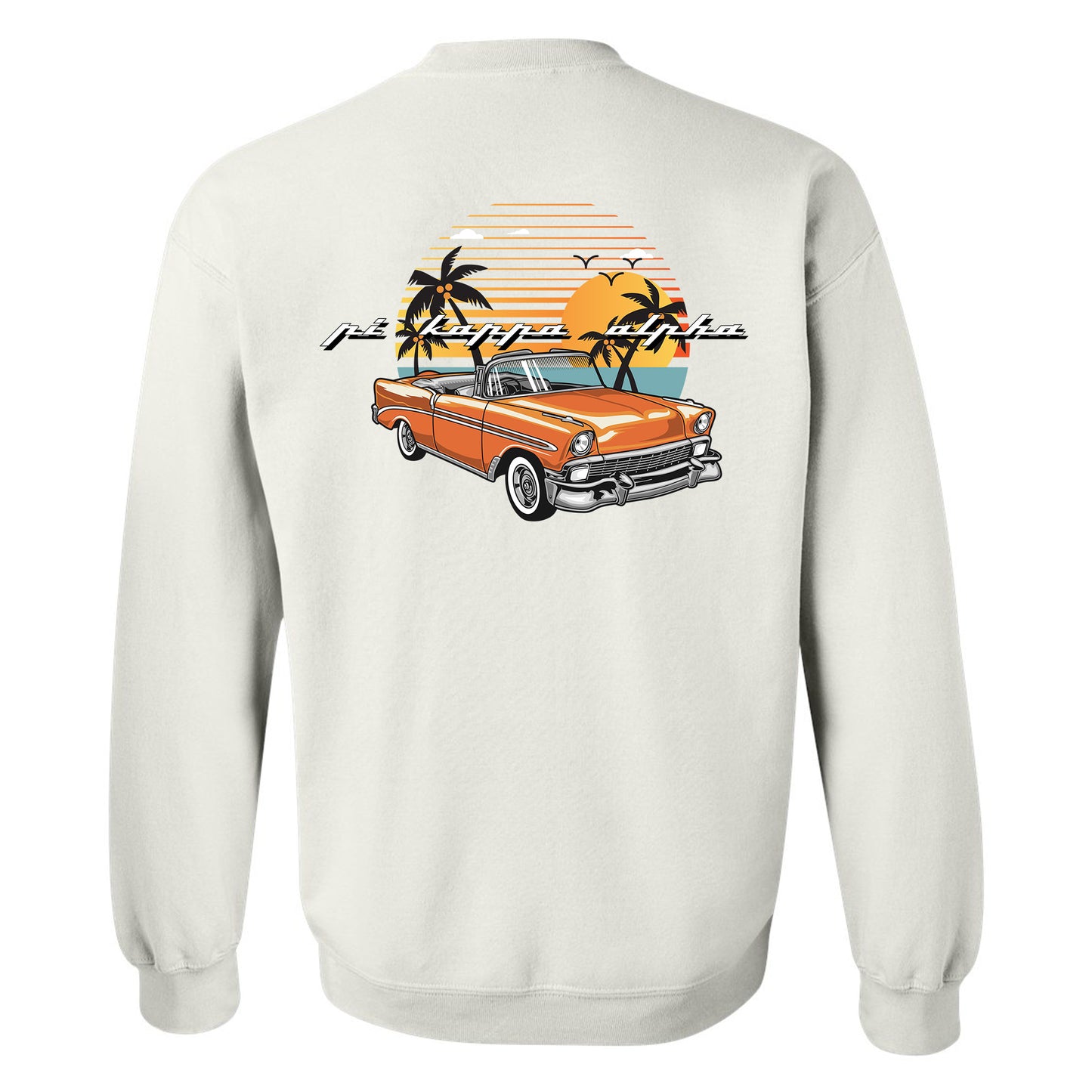 a white sweatshirt with an orange car and palm trees