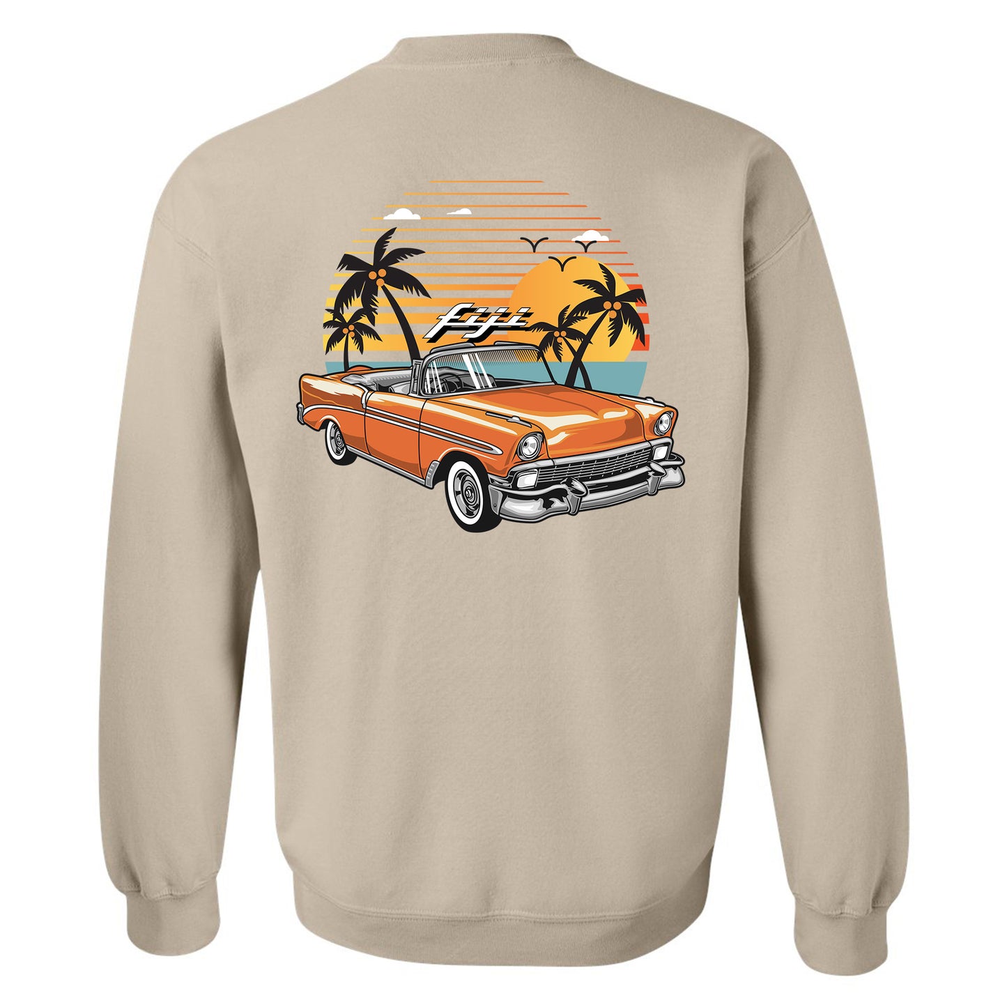 an orange classic car with palm trees on the back
