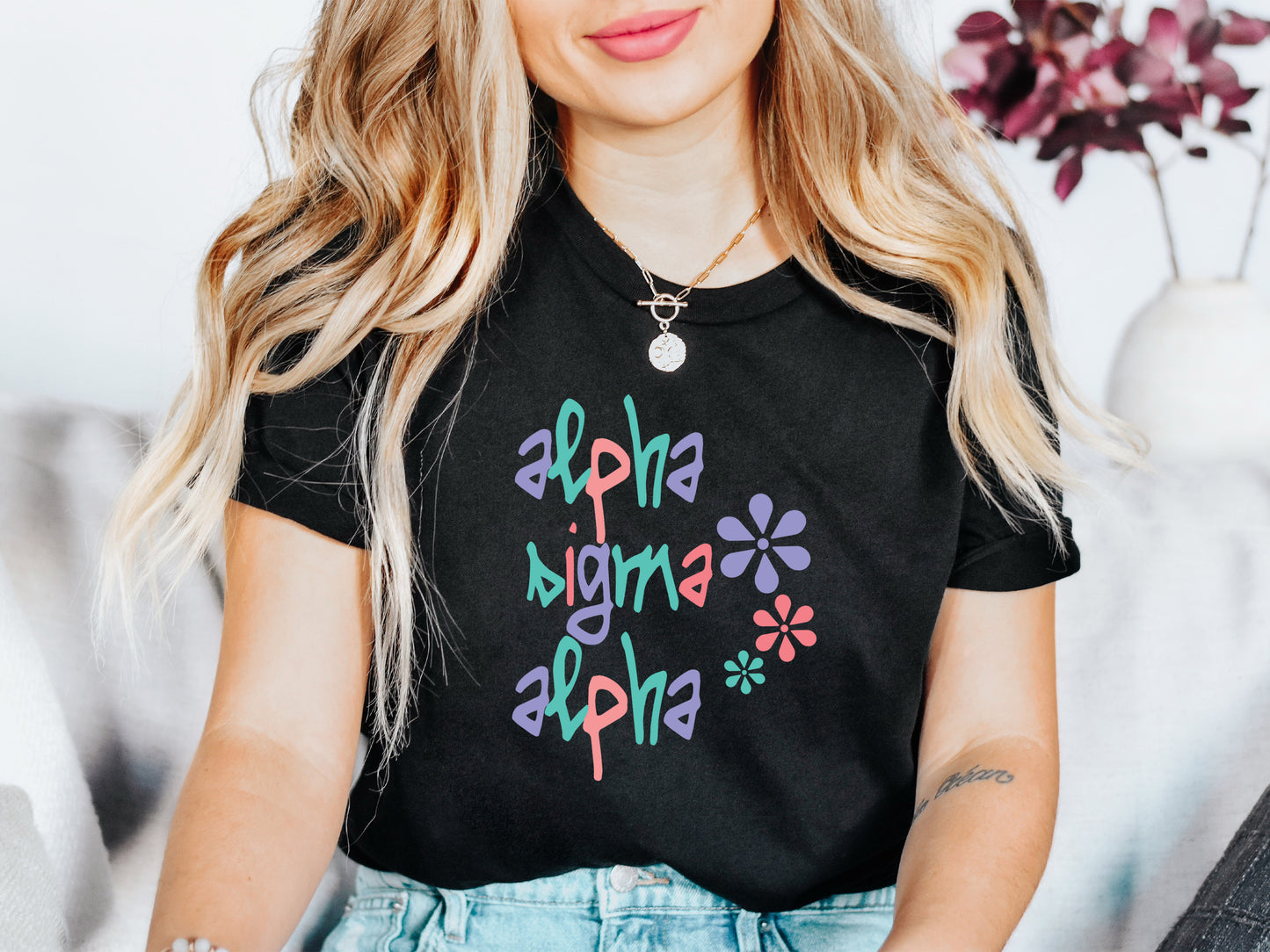 Alpha Sigma Alpha Colorful Floral Sorority T-shirt _ 2609g