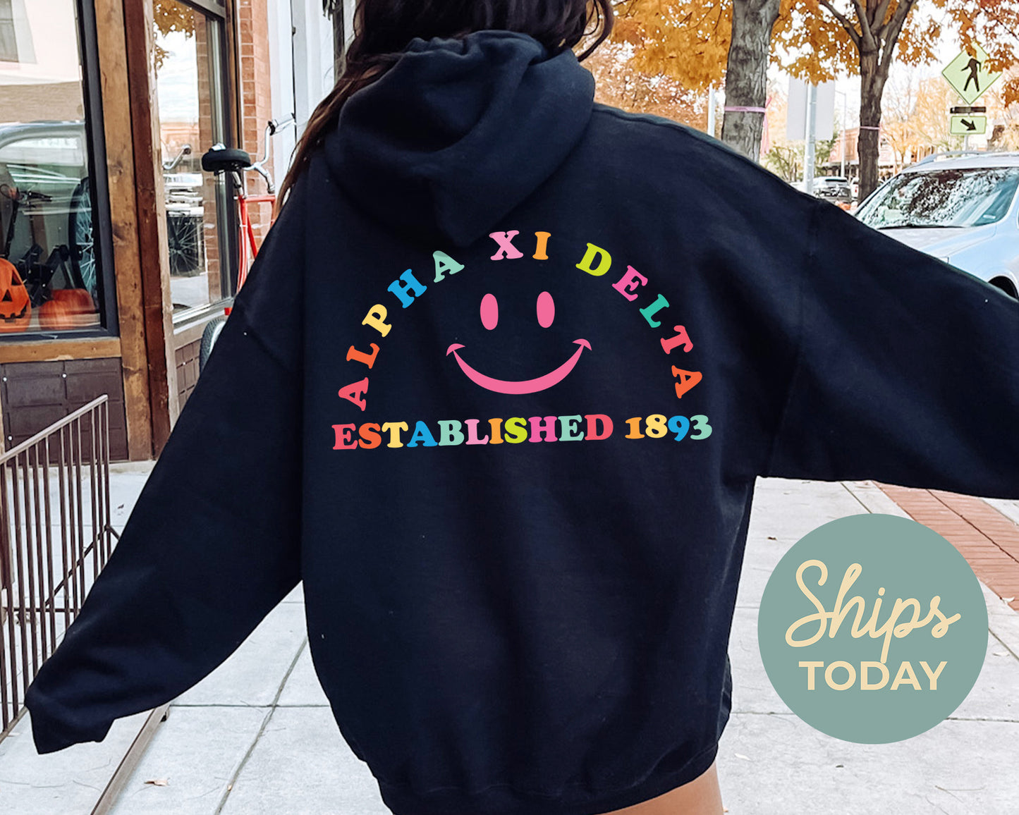 Alpha Xi Delta Gleaming Smiley Face Sorority Hoodie _ 33058g