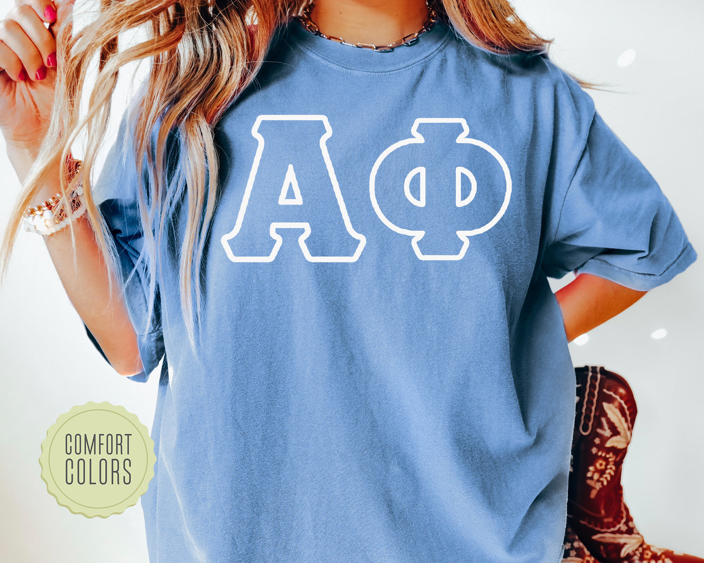 Alpha Phi White Letter Outline Comfort Colors Sorority T-shirt _ 30796g