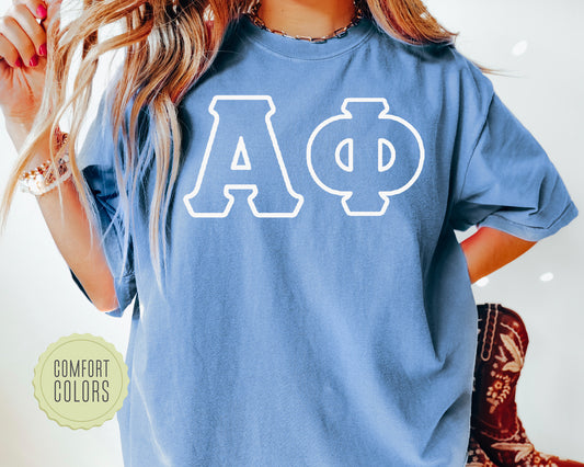 Alpha Phi White Letter Outline Comfort Colors Sorority T-shirt _ 30796g