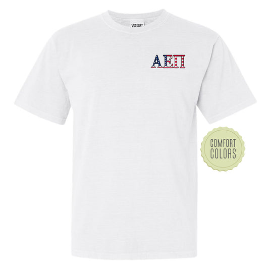 a white t - shirt with a red, white, and blue logo