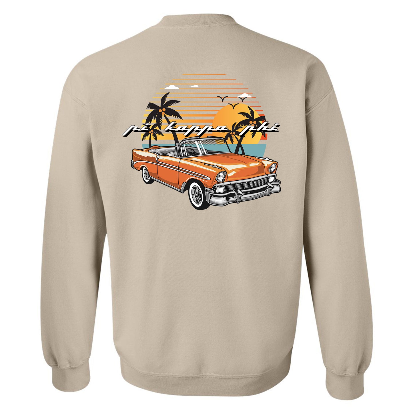 a tan sweatshirt with an orange car and palm trees