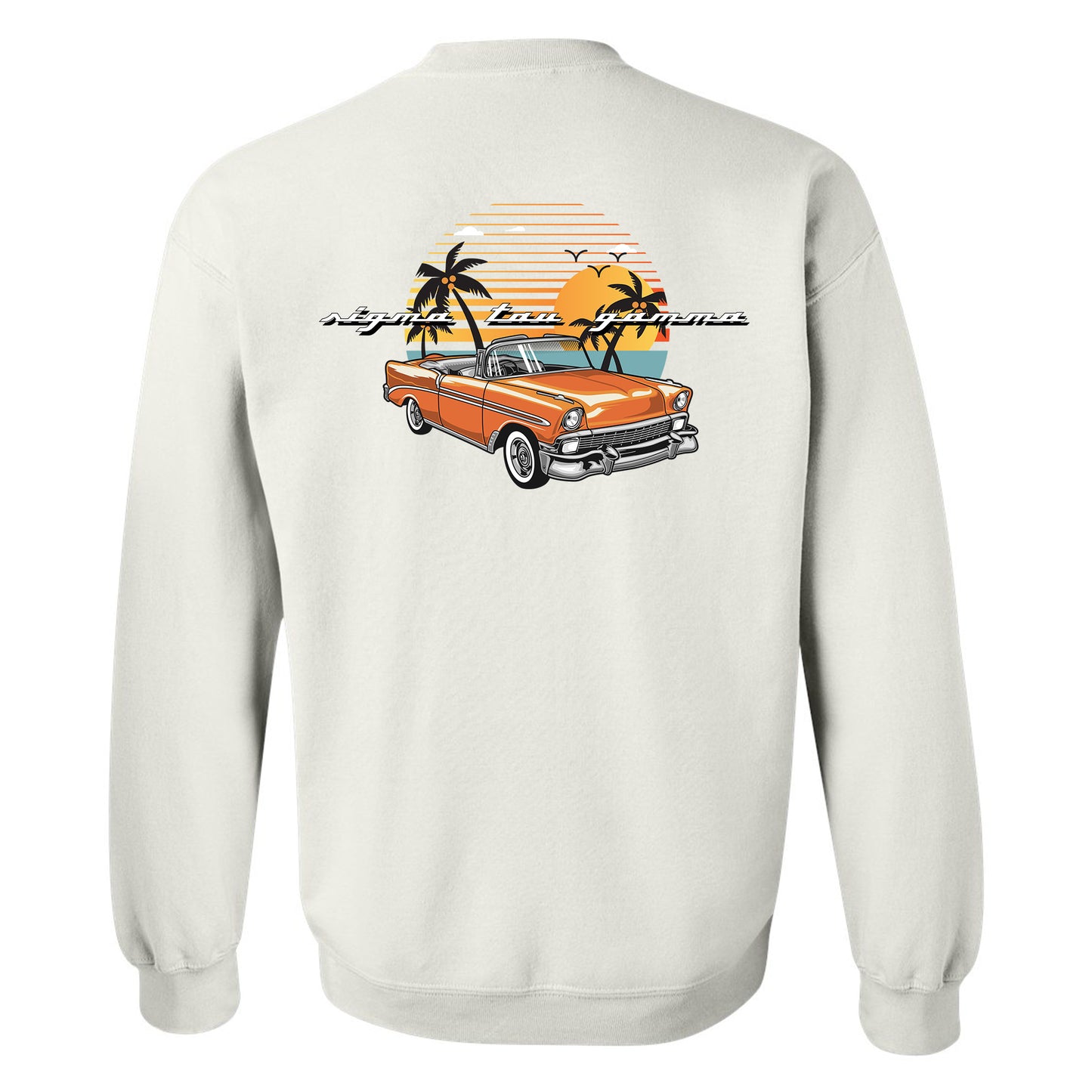 a white sweatshirt with an orange car and palm trees