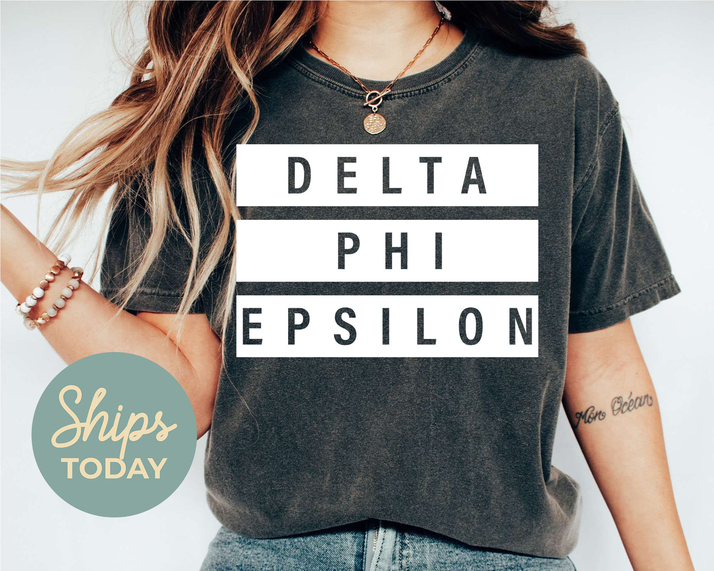 Delta Phi Epsilon Faded White Box Sorority T-shirt _ 3345g