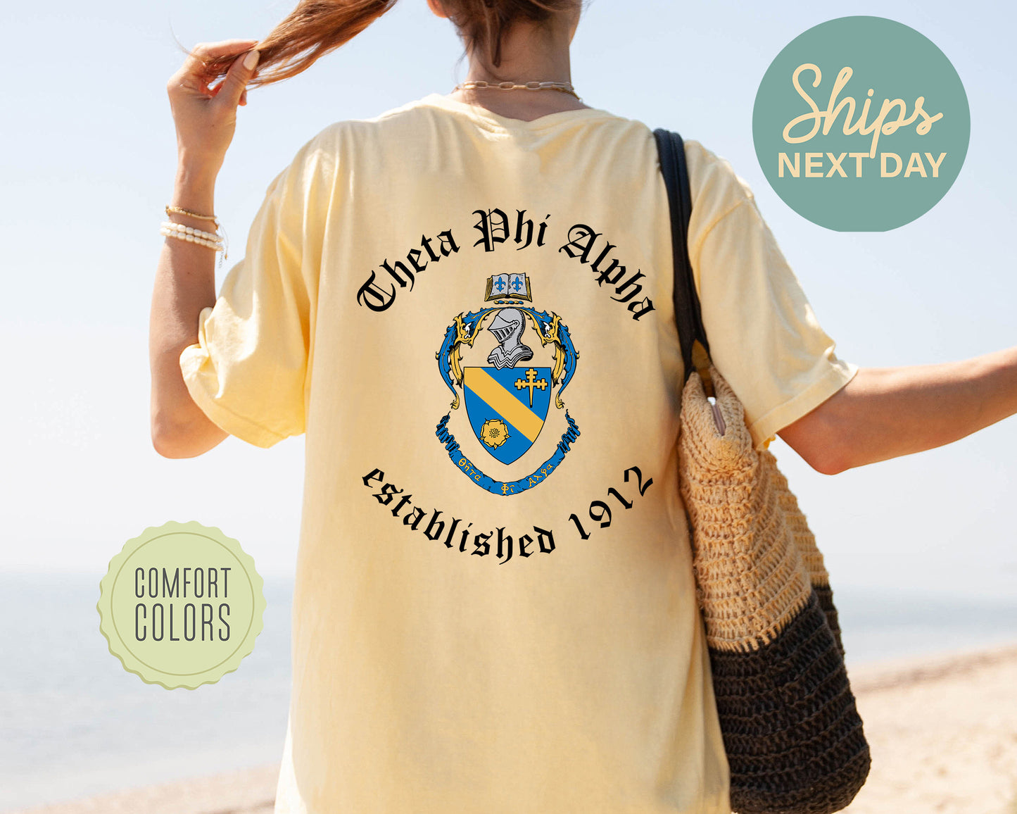 Theta Phi Alpha Old English Crest Comfort Colors Sorority T-shirt _ 32944g
