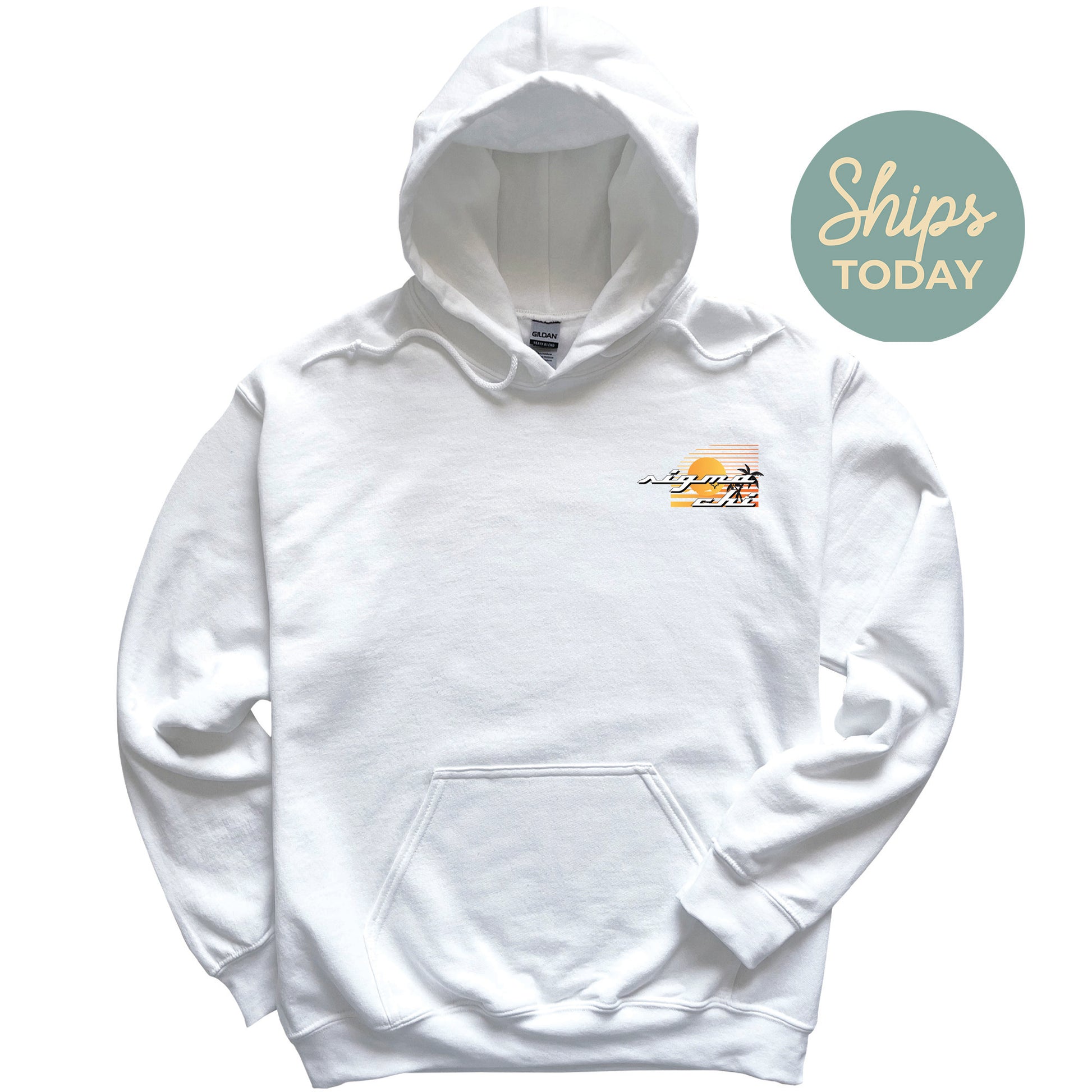 a white hoodie with the words ships today on it