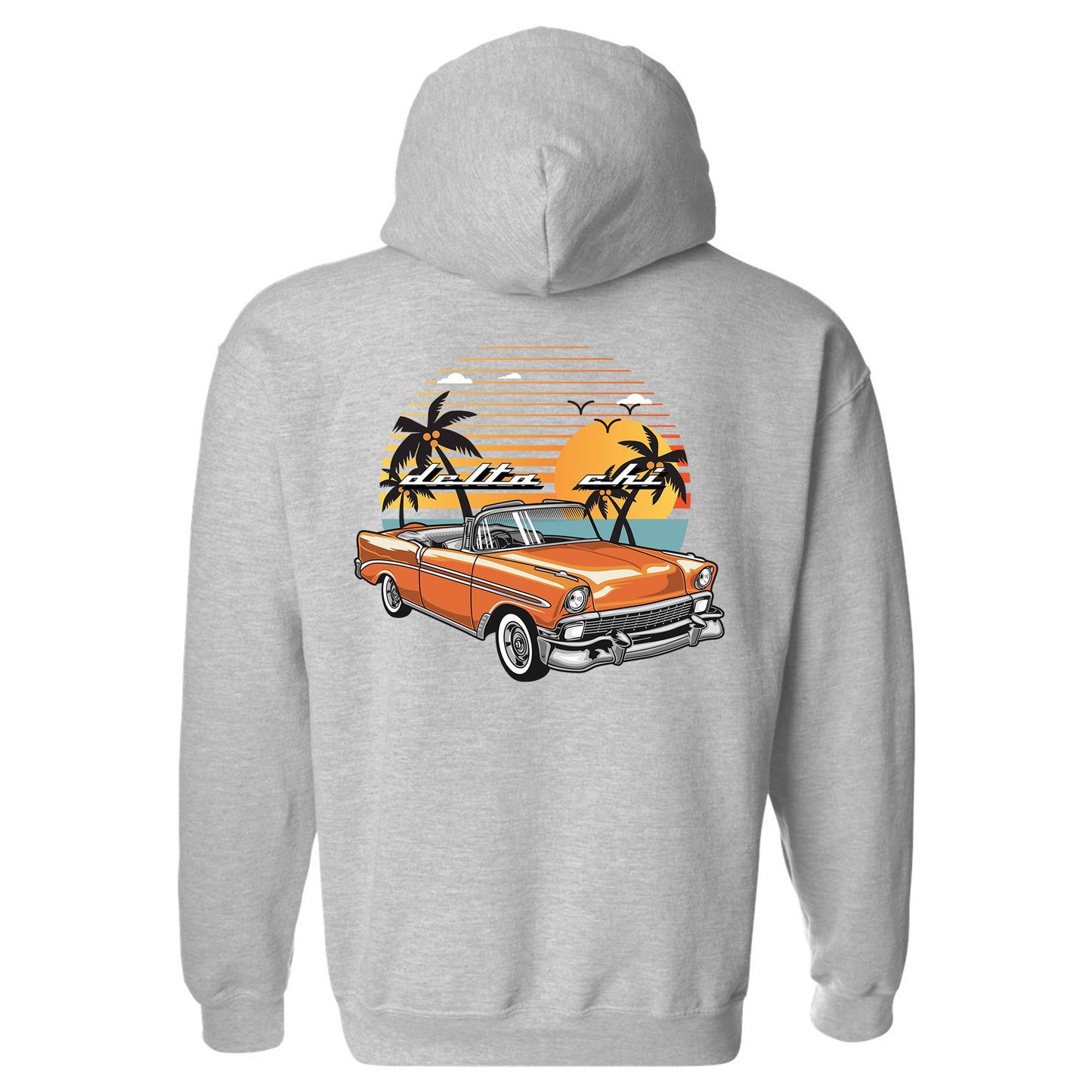 a grey hoodie with an orange car and palm trees