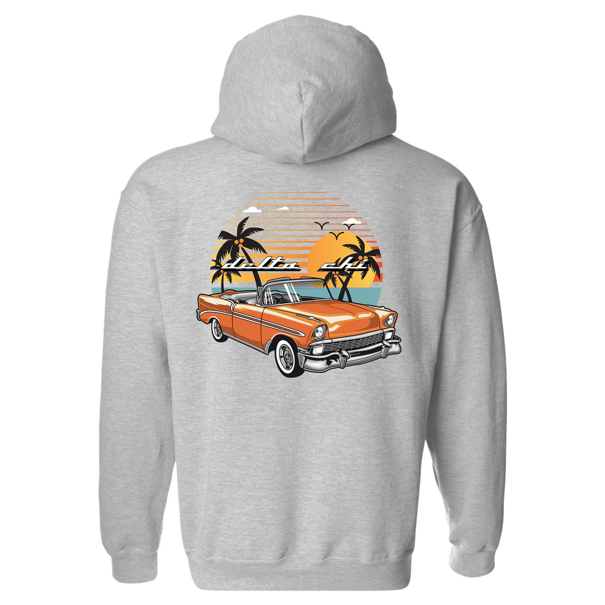 a grey hoodie with an orange car and palm trees