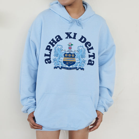 a person wearing a blue hoodie with a crest on it