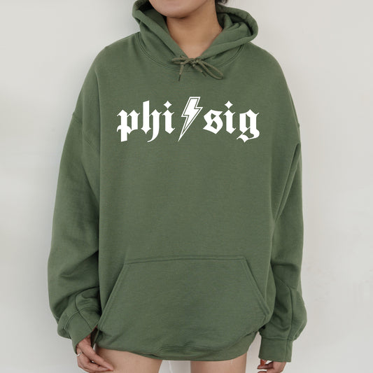 a person wearing a green hoodie with a lightning bolt on it