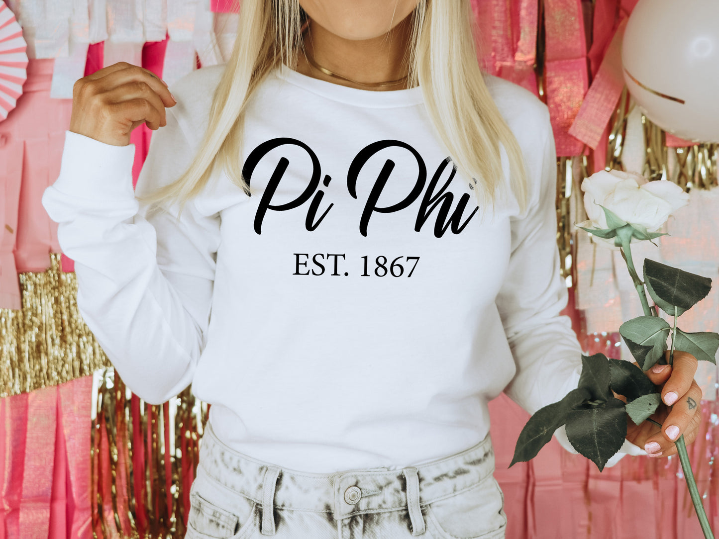 Pi Beta Phi Black Flowy Sorority Long Sleeve T-shirt _ 97g