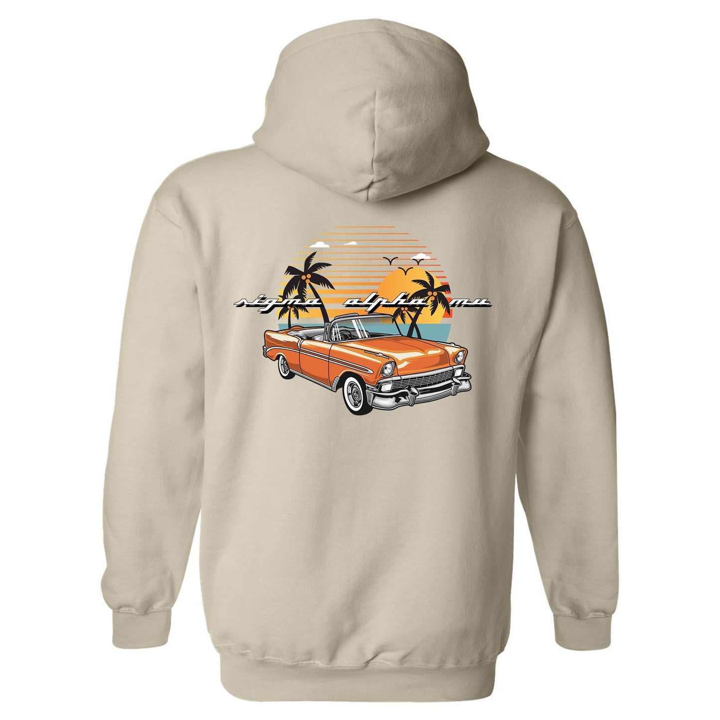 a white hoodie with an orange car and palm trees