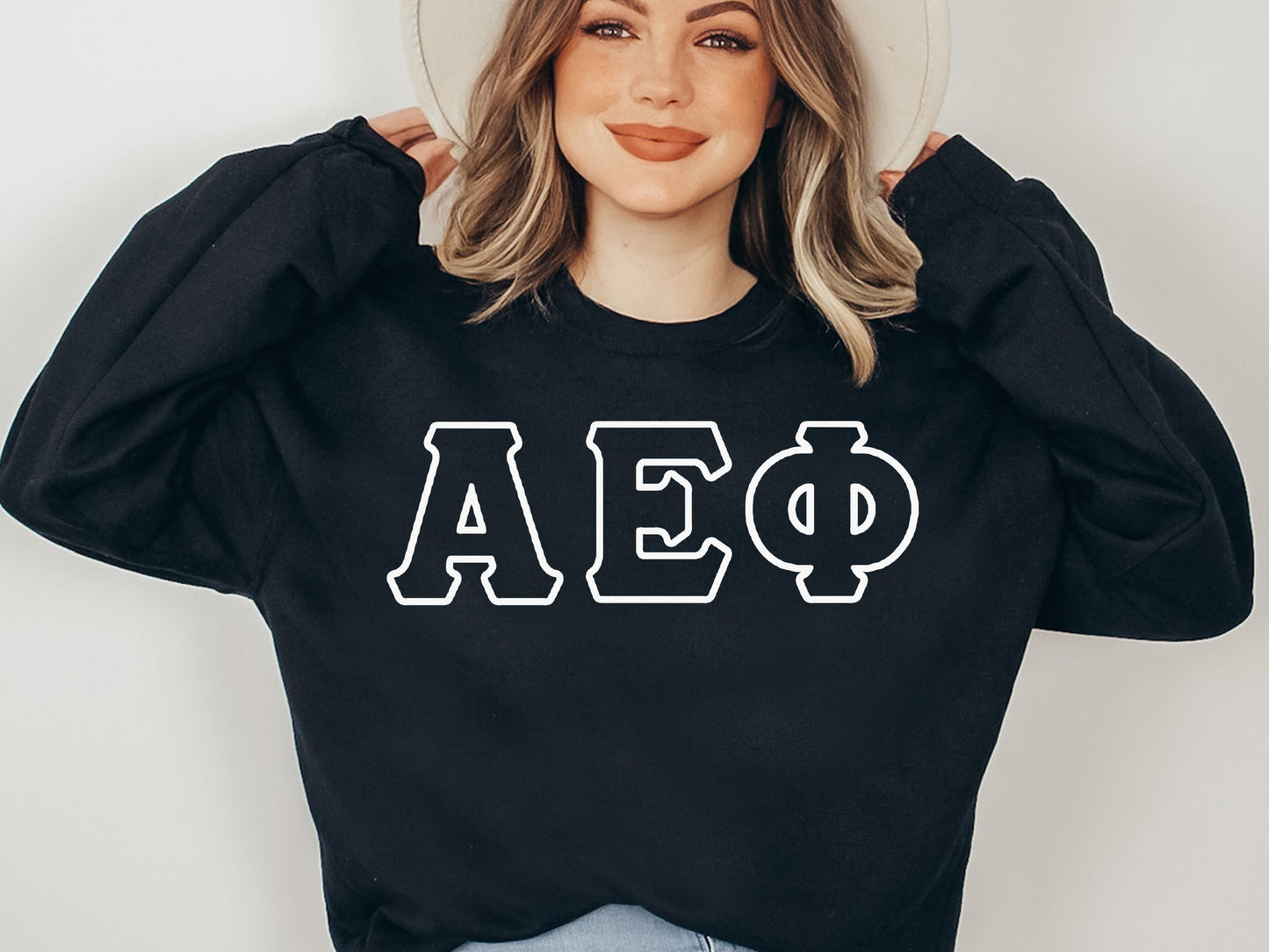 Alpha Epsilon Phi White Letter Outline Sorority Sweatshirt _ 30793g
