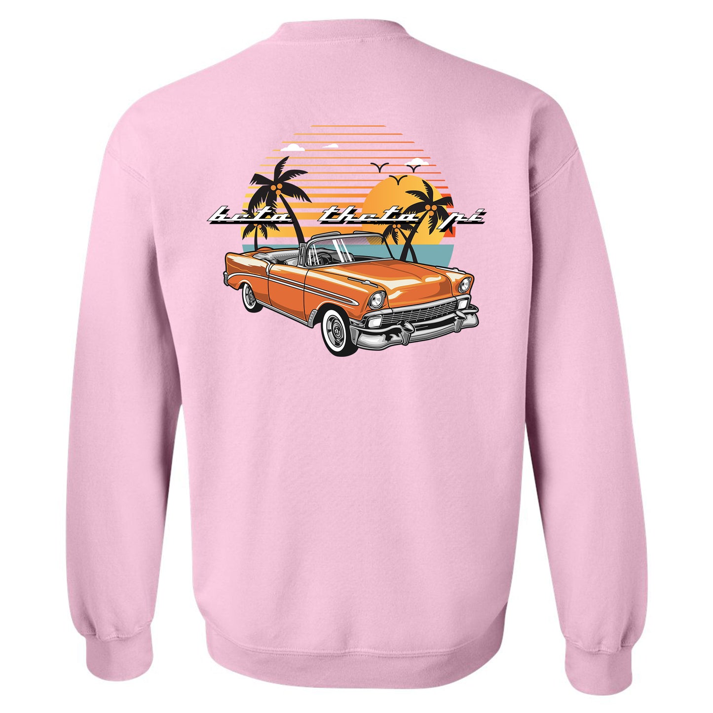 a pink sweatshirt with an orange car and palm trees