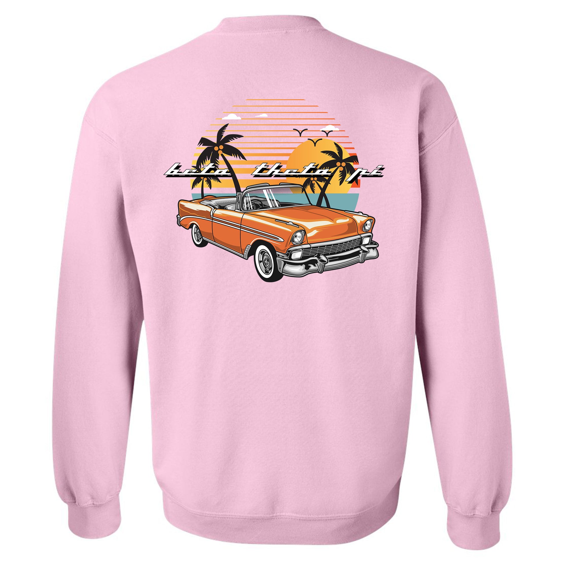 a pink sweatshirt with an orange car and palm trees