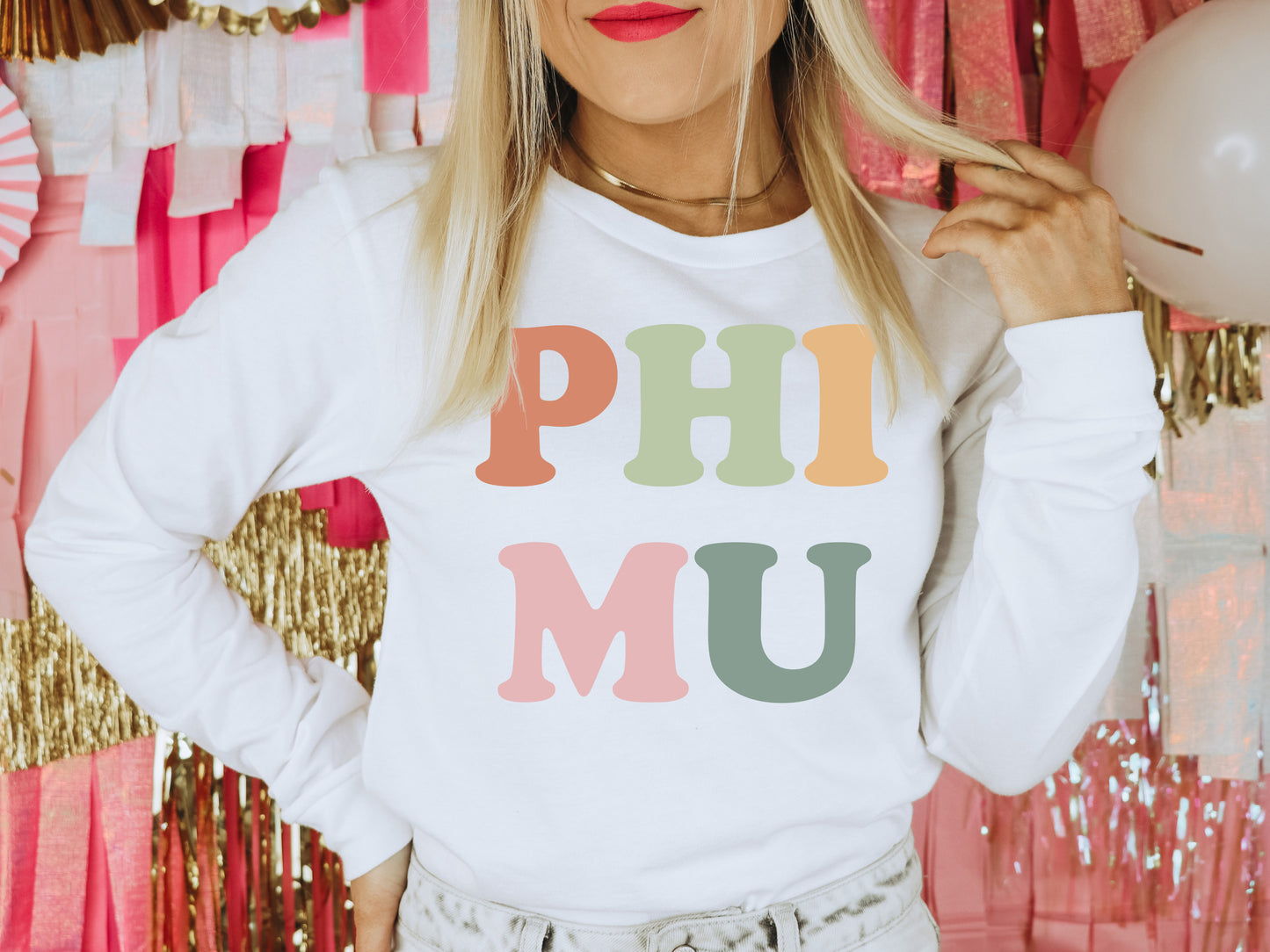 Phi Mu Bright and Proud Sorority Long Sleeve T-shirt | Phi Mu Merch _ 432g