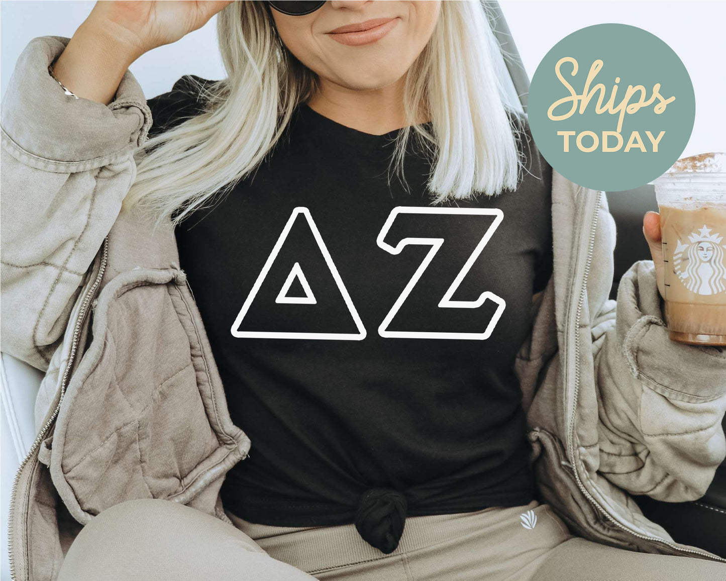 Delta Zeta White Letter Outline Sorority T-shirt _ 30804g