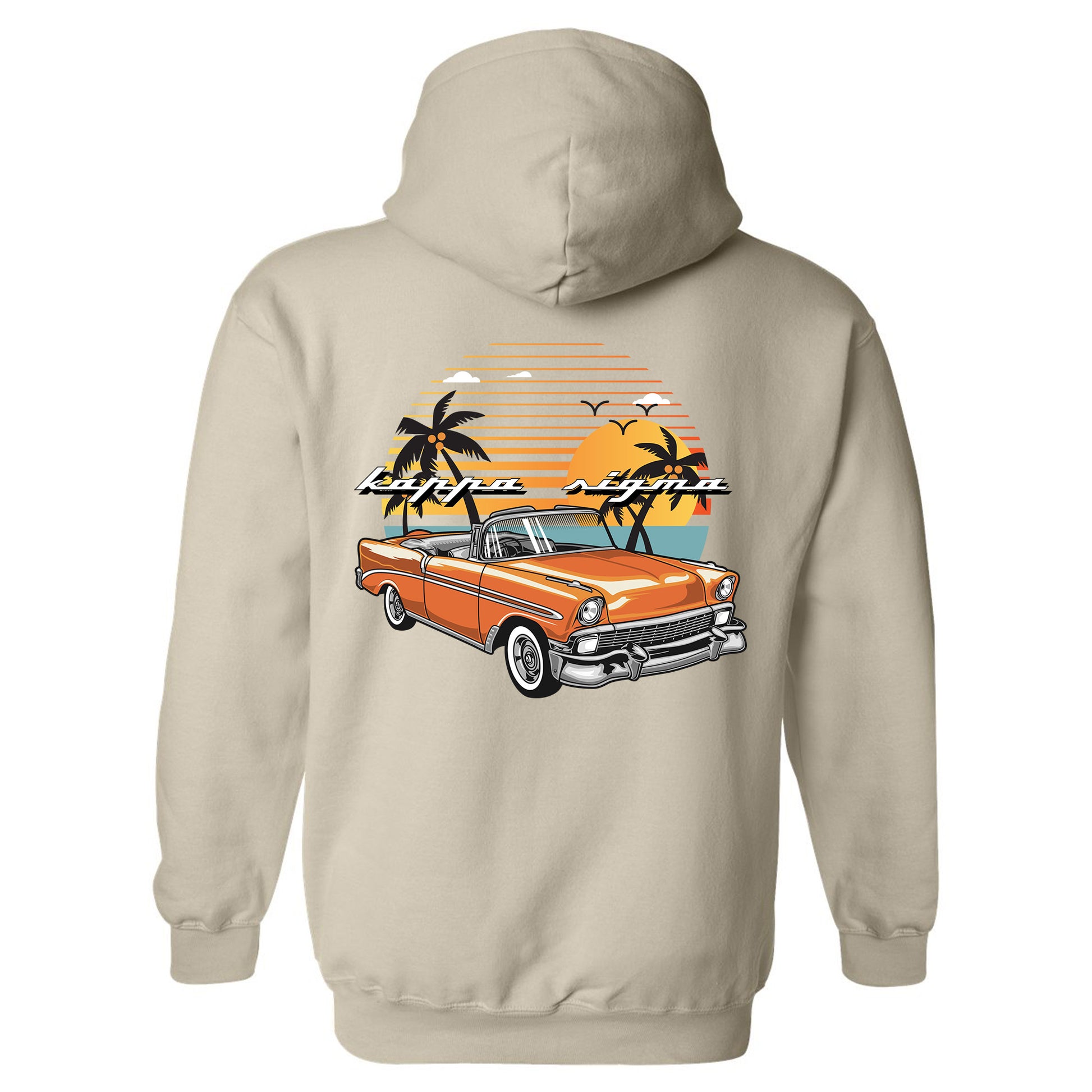 a hoodie with an orange car and palm trees
