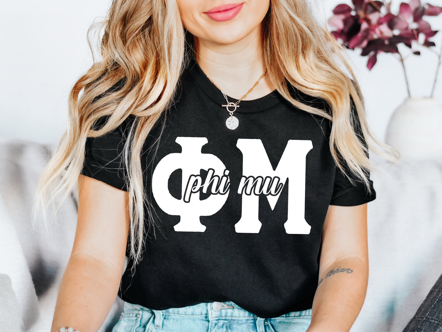 Phi Mu Sliced White Letters Sorority T-shirt _ 2256g