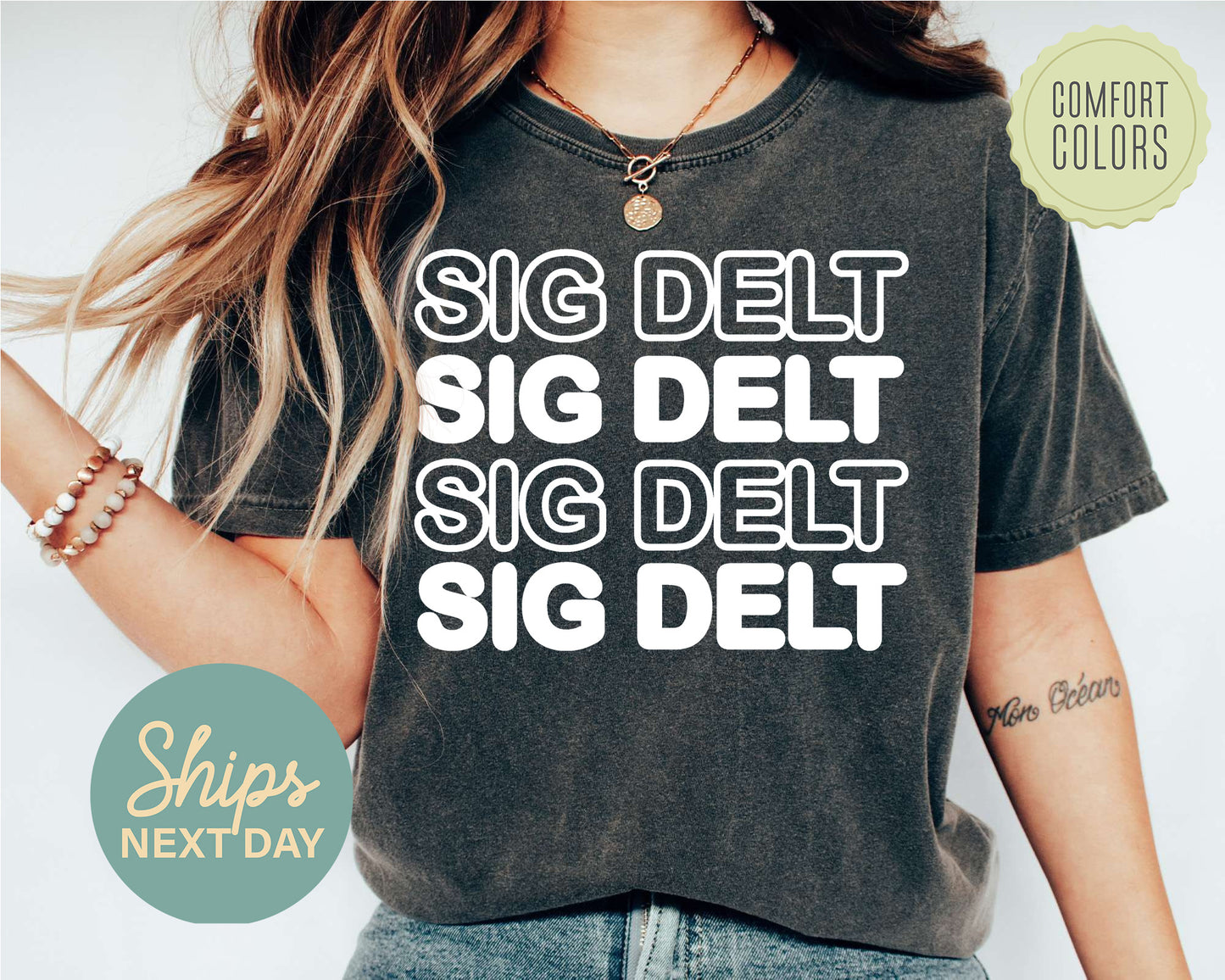 Sigma Delta Tau Bold Bubble Letter Comfort Colors Sorority T-shirt _ 2233g