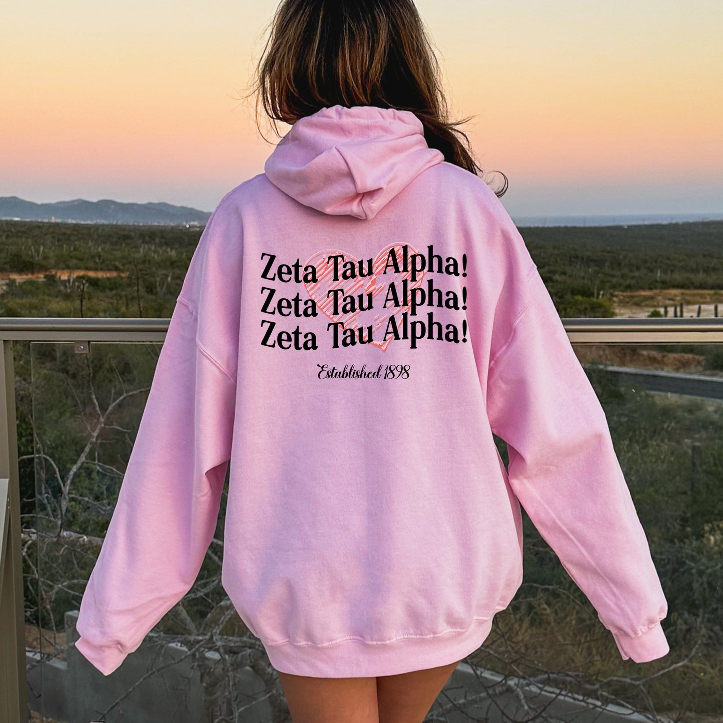 a woman in a pink hoodie looking out at the desert