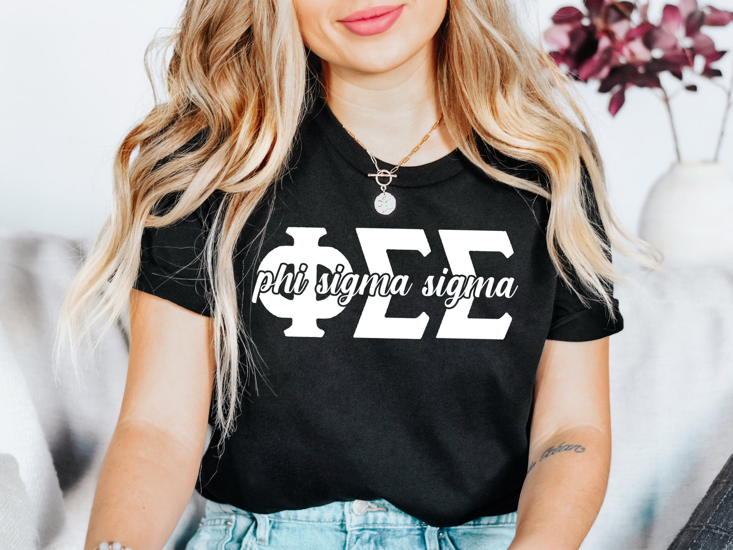 Phi Sigma Sigma Sliced White Letters Sorority T-shirt _ 2257g