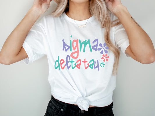Sigma Delta Tau Colorful Floral Sorority T-shirt _ 2624g