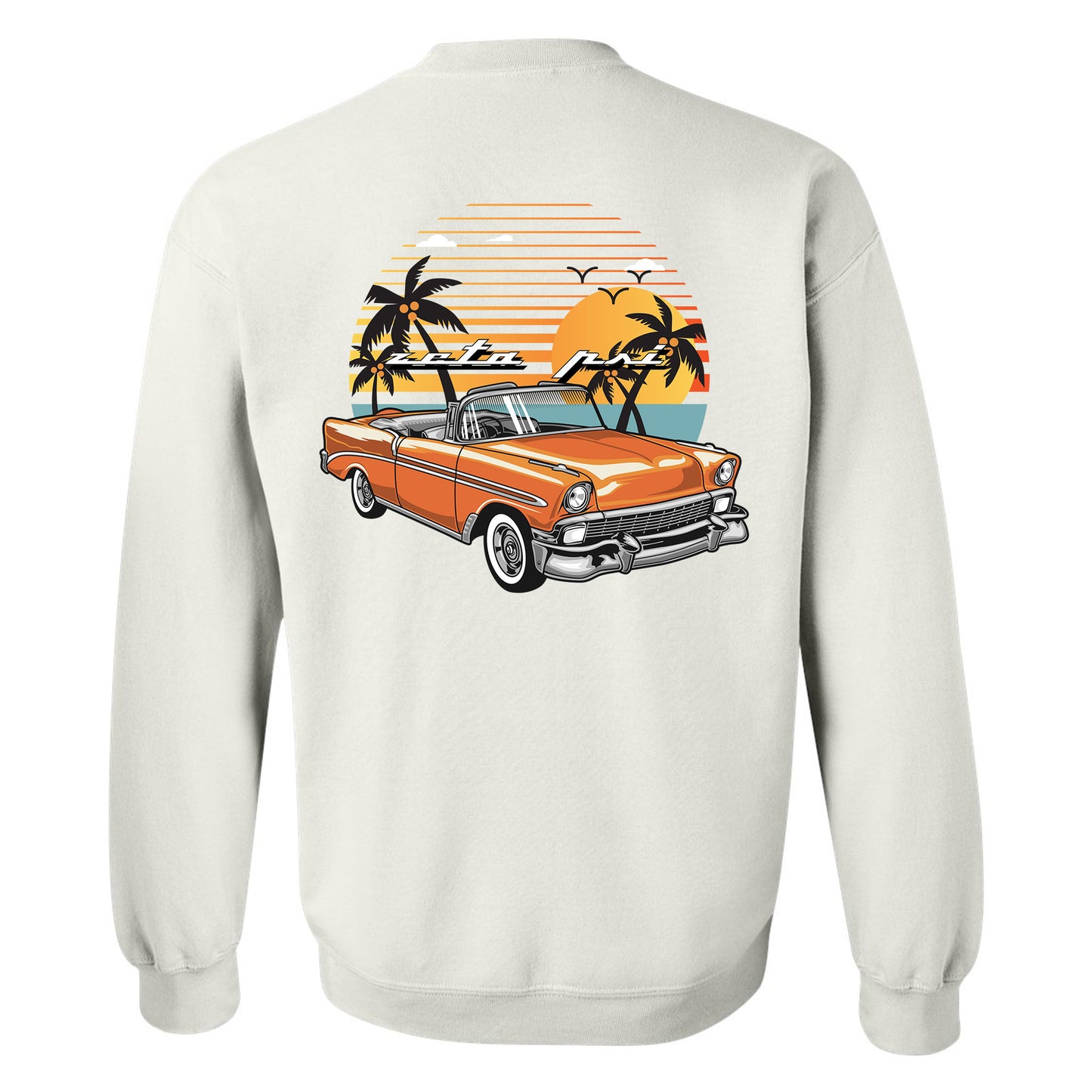 a white sweatshirt with an orange car and palm trees