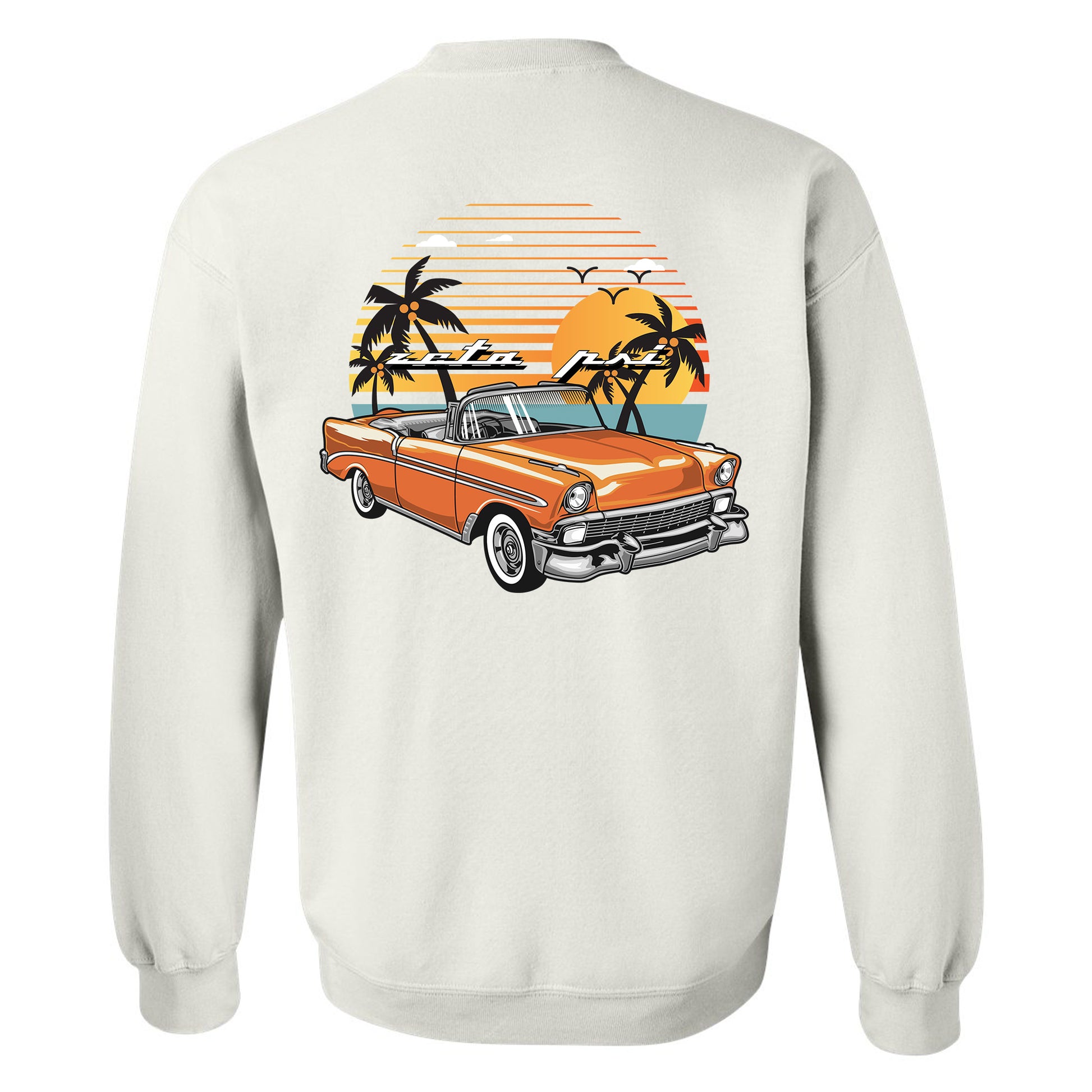 a white sweatshirt with an orange car and palm trees