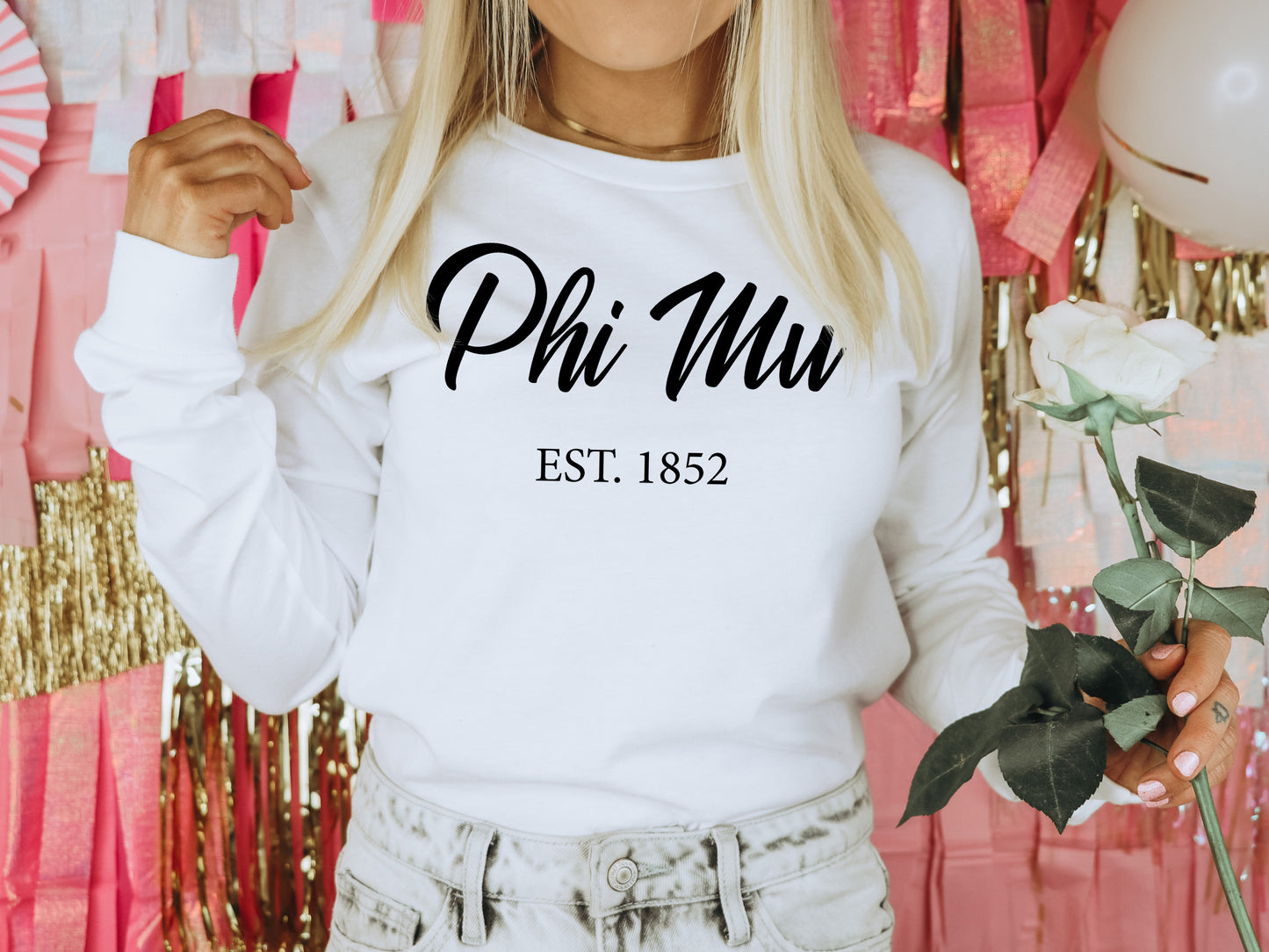 Phi Mu Black Flowy Sorority Long Sleeve T-shirt _ 95g