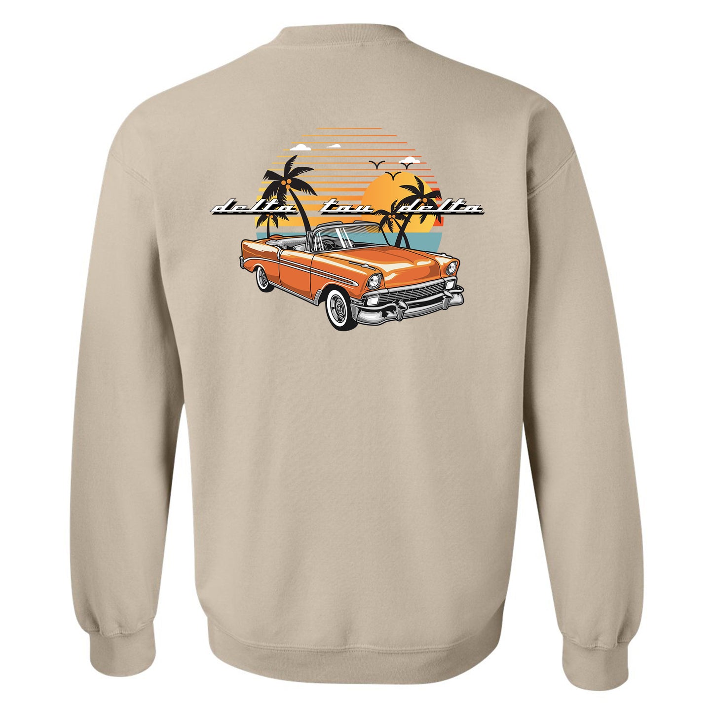 a tan sweatshirt with an orange car and palm trees