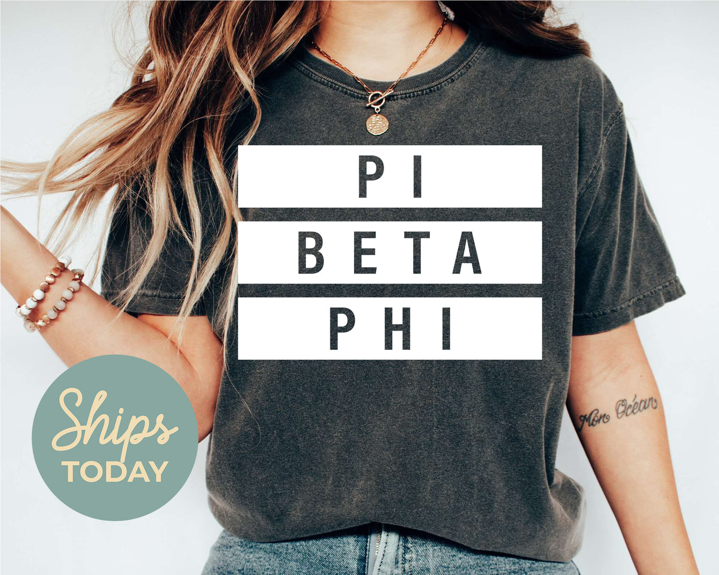 Pi Beta Phi Faded White Box Sorority T-shirt _ 3353g