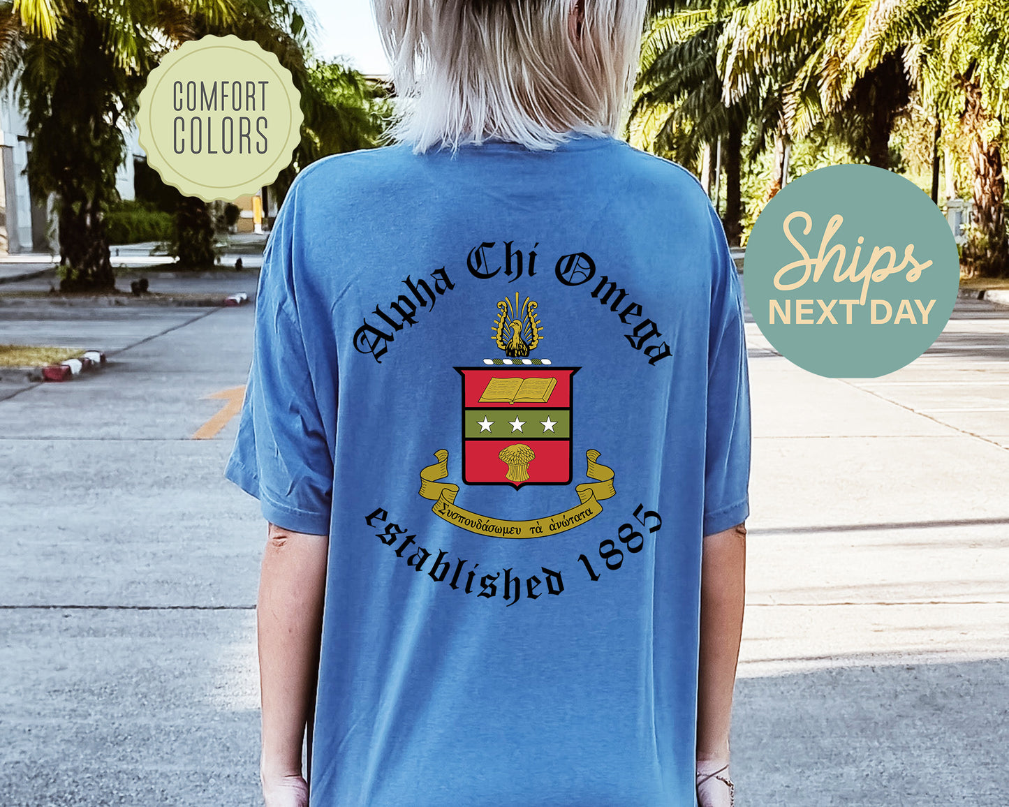 Alpha Chi Omega Old English Crest Comfort Colors Sorority T-shirtt _ 32920g