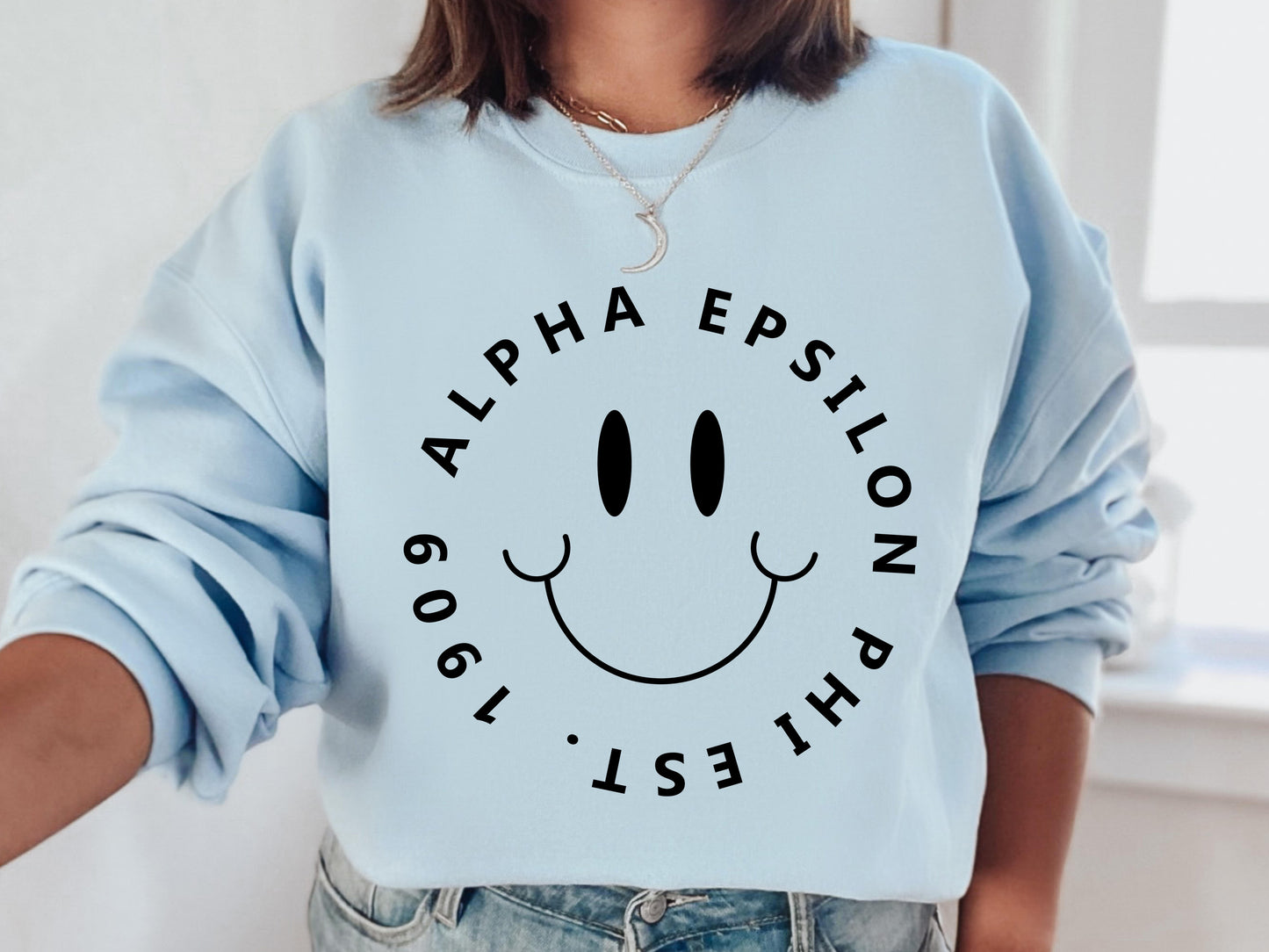 Alpha Epsilon Phi Smiley Face Halo Sorority Sweatshirt _ 2501g